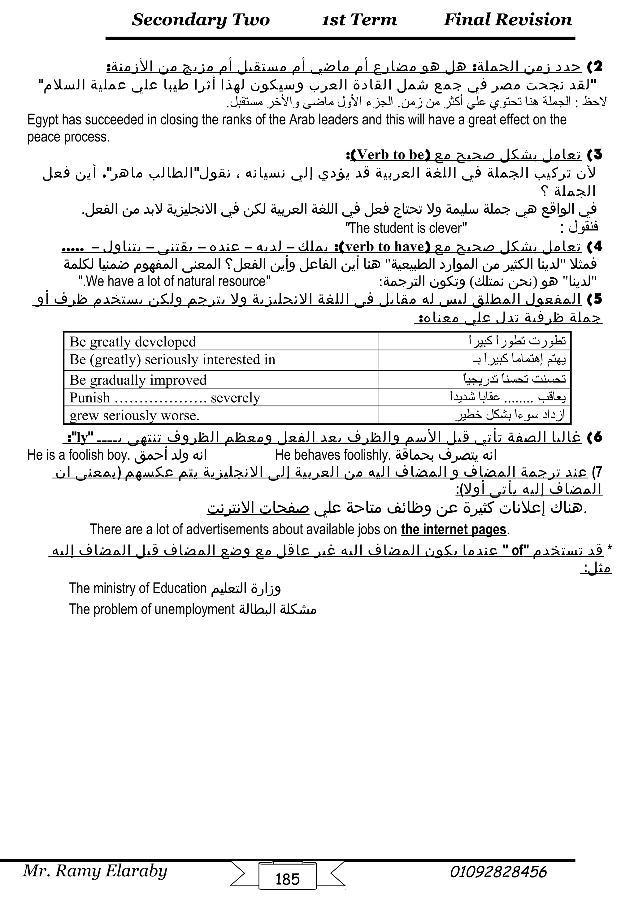 Final Revision
Mr. Ramy Elaraby 01092828456
Secondary Two
185
1st Term
2(‫حدد‬‫زمن‬:‫هل‬ ‫الجملة‬‫هو‬‫مضارع‬‫أم‬‫ماضي‬‫أم‬‫مستقبل‬‫أم‬‫مزيج‬‫من‬:‫الزمنة‬
‫لقد‬‫نجحت‬‫مصر‬‫في‬‫جمع‬‫شمل‬‫القادة‬‫العرب‬‫وسيكون‬‫لهذا‬‫أثرا‬‫طيبا‬‫علي‬‫عملية‬‫السلم‬
.‫مستقبل‬ ‫والخر‬ ‫ماضى‬ ‫الو ل‬ ‫الجزء‬ .‫زمن‬ ‫من‬ ‫أكثر‬ ‫علي‬ ‫تحتوي‬ ‫هنا‬ ‫الجملة‬ : ‫لحظ‬
Egypt has succeeded in closing the ranks of the Arab leaders and this will have a great effect on the
peace process.
3(‫تعامل‬‫بشكل‬‫صحيح‬‫مع‬)Verb to be(:
‫لن‬‫تركيب‬‫الجملة‬‫في‬‫اللغة‬‫العربية‬‫قد‬‫يؤدي‬‫إلي‬‫نسيانه‬،‫الطالب‬ ‫نقول‬.‫أين‬ ‫ماهر‬‫فعل‬
‫الجملة‬‫؟‬
‫في‬‫الواقع‬‫هي‬‫جملة‬‫سليمة‬‫ول‬‫تحتاج‬‫فعل‬‫في‬‫اللغة‬‫العربية‬‫لكن‬‫في‬‫النجليزية‬‫لبد‬‫من‬.‫الفعل‬
‫فنقول‬:The student is clever
4(‫تعامل‬‫بشكل‬‫صحيح‬‫مع‬)verb to have:(‫يملك‬–‫لديه‬–‫عنده‬–‫يقتنى‬–‫يتناول‬–.....
‫فمثل‬‫لدينا‬‫الكثير‬‫من‬‫الموارد‬‫هنا‬ ‫الطبيعية‬‫أين‬‫الفاعل‬‫وأين‬‫الفعل؟‬‫المعنى‬‫المفهوم‬‫ضمنيا‬‫لكلمة‬
 ‫هو‬ ‫لدينا‬)‫نحن‬(‫وتكون‬ ‫نمتلك‬:‫الترجمة‬We have a lot of natural resource.
5(‫المفعول‬‫المطلق‬‫ليس‬‫له‬‫مقابل‬‫فى‬‫اللغة‬‫النجليزية‬‫ول‬‫يترجم‬‫ولكن‬‫يستخدم‬‫ظرف‬‫أو‬
‫جملة‬‫ظرفية‬‫تدل‬‫علي‬:‫معناه‬
Be greatly developed ‫ا‬ً‫كبير‬ ‫ا‬ً‫تطور‬ ‫تطورت‬
Be (greatly) seriously interested in ‫بـ‬ ‫ا‬ً‫كبير‬ ‫ا‬ً‫إهتمام‬ ‫يهتم‬
Be gradually improved ‫ا‬ً‫تدريجي‬ ‫ا‬ً‫تحسن‬ ‫تحسنت‬
Punish ………………. severely ‫ا‬ً‫شديد‬ ‫عقابا‬ ........ ‫يعاقب‬
grew seriously worse. ‫خطير‬ ‫بشكل‬ ‫ا‬ً‫سوء‬ ‫ازداد‬
6(‫غالبا‬‫الصفة‬‫تأتي‬‫قبل‬‫السم‬‫والظرف‬‫بعد‬‫الفعل‬‫ومعظم‬‫الظروف‬‫تنتهى‬‫بــــ‬ly:
He is a foolish boy. ‫انه‬‫ولد‬‫أحمق‬ He behaves foolishly. ‫انه‬‫يتصرف‬‫بحماقة‬
7(‫عند‬‫ترجمة‬‫المضاف‬‫و‬‫المضاف‬‫اليه‬‫من‬‫العربية‬‫إلى‬‫النجليزية‬‫يتم‬‫عكسهم‬)‫بمعنى‬‫ان‬
‫المضاف‬‫إليه‬‫يأتى‬:(‫أول‬
‫هناك‬‫إعلنات‬‫كثيرة‬‫عن‬‫وظائف‬‫متاحة‬‫علي‬‫صفحات‬‫النترنت‬ .
There are a lot of advertisements about available jobs on the internet pages.
*‫قد‬‫تستخدم‬of‫عندما‬‫يكون‬‫المضاف‬‫اليه‬‫غير‬‫عاقل‬‫مع‬‫وضع‬‫المضاف‬‫قبل‬‫المضاف‬‫إليه‬
:‫مثل‬
The ministry of Education ‫وزارة‬‫التعليم‬
The problem of unemployment ‫مشكلة‬‫البطالة‬
 