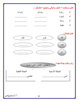 21
‫مستخدما‬ ‫اكتب‬"‫والجمع‬ ‫والمثنى‬ ‫المفرد‬"‫كالمثال‬:-
‫زهرات‬ ‫زهرتان‬ ‫زهرة‬
‫شجرة‬..................... .....................
‫ساعة‬............ ..............................
‫حقيبة‬..................... .....................
‫كالمثال‬ ‫أكمل‬:
‫مفيدة‬ ‫جملة‬ ‫واكتب‬ ‫رتب‬:
‫قلم‬‫قلمان‬‫أقالم‬
‫كتاب‬...............................
‫أخ‬..................................
(‫تعلمنى‬–‫الناس‬–‫أ‬‫مى‬-‫حب‬)
‫االسمية‬ ‫الجملة‬
‫أمى‬..............................
‫الجملة‬‫الفعلية‬
‫تعلمنى‬...........................
 