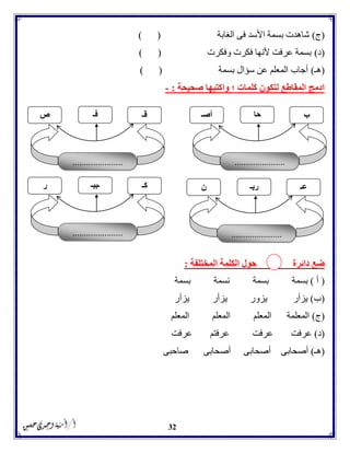 32
(‫ج‬)‫الغابة‬ ‫فى‬ ‫األسد‬ ‫بسمة‬ ‫شاهدت‬) (
(‫د‬)‫وفكرت‬ ‫فكرت‬ ‫ألنها‬ ‫عرفت‬ ‫بسمة‬) (
(‫هـ‬)‫بسمة‬ ‫سؤال‬ ‫عن‬ ‫المعلم‬ ‫أجاب‬) (
‫صحيحة‬ ‫واكتبها‬ ‫؛‬ ‫كلمات‬ ‫لتكون‬ ‫المقاطع‬ ‫ادمج‬:-
‫دائرة‬ ‫ضع‬‫المختلفة‬ ‫الكلمة‬ ‫حول‬:
(‫أ‬)‫ب‬‫سمة‬‫بسمة‬‫نسمة‬‫بسمة‬
(‫ب‬)‫يزأر‬‫يزور‬‫يزأر‬‫يزأر‬
(‫ج‬)‫المعلمة‬‫المعلم‬‫المعلم‬‫المعلم‬
(‫د‬)‫عرفت‬‫عرفت‬‫عرفتم‬‫عرفت‬
(‫هـ‬)‫أصحابى‬ ‫أصحابى‬‫أصحابى‬‫صاحبى‬
......................
‫أصـ‬ ‫حا‬ ‫ب‬
......................
‫ر‬ ‫ـبيـ‬ ‫كـ‬
......................
‫ص‬ ‫فـ‬ ‫قـ‬
......................
‫ن‬ ‫ريـ‬ ‫عـ‬
 
