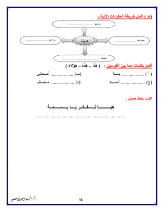 36
(‫هـ‬)‫اآلتية‬ ‫المفردات‬ ‫خريطة‬ ‫أكمل‬:
‫بين‬ ‫مما‬ ‫بكلمات‬ ‫أكمل‬‫القوسين‬:(‫هذا‬–‫هذه‬–‫هؤالء‬)
(‫أ‬................... )‫بسمة‬(‫ب‬................... )‫أصحابى‬
(‫ج‬)....................‫أســـــد‬(‫د‬)....................‫مــعـــلم‬
‫جميل‬ ‫بخط‬ ‫اكتب‬:
‫نــــــ‬ ‫هيـــــــــــا‬‫بــــســـــمــة‬ ‫يــــا‬ ‫فــكــر‬
..........................................................................
‫مضادها‬...........................‫مرادفها‬...........................
‫الجملة‬..............................................
‫ـا‬ّ‫ـ‬‫هــي‬
‫نوعها‬................................
 