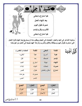 44
‫الكلمة‬‫المعنى‬‫الكلمة‬‫المضاد‬(‫العكس‬)
‫ا‬َّ‫ـ‬‫هيـ‬‫أسرع‬‫ا‬َّ‫ـ‬‫هي‬‫أبطىء‬
‫ابتسم‬‫اضحك‬‫بعد‬‫قبل‬
‫انتهاء‬‫نهاية‬‫است‬‫رح‬‫اتعب‬
‫صبرت‬‫تحملت‬‫انتهاء‬‫ابتداء‬
‫استرح‬‫واطمئن‬ ‫اسكن‬‫طول‬‫قصر‬
‫صبرت‬‫جزعت‬
‫ابتسم‬‫اعبس‬
‫المفرد‬‫الجمع‬‫المفرد‬‫الجمع‬
‫جمل‬‫جمال‬‫طول‬‫أطوال‬
‫العمل‬‫األعمال‬‫اليوم‬‫األيام‬
‫العمل‬ ‫فترة‬ ‫انتهاء‬ ‫بعد‬ ‫يستريح‬ ‫أن‬ ‫منه‬ ‫ويطلب‬ ‫الجمل‬ ‫إلى‬ ‫فيتحدث‬ ‫؛‬ ‫والعمل‬ ‫الجد‬ ‫إلى‬ ‫الشاعر‬ ‫يدعونا‬
‫بلدنا‬ ‫أجل‬ ‫من‬ ‫العمل‬ ‫إلى‬ ‫جميعا‬ ‫فهيا‬ ‫والراحة‬ ‫والشرب‬ ‫باألكل‬ ‫وسيكافأه‬ ‫اليوم‬ ‫طوال‬ ‫استمرت‬ ‫التى‬
‫جملى‬ ‫يا‬ ‫استرح‬ ‫هيا‬
‫العمل‬ ‫انتهاء‬ ‫بعد‬
‫اليوم‬ ‫طول‬ ُ‫صبرت‬
‫وابتسم‬ ‫وكل‬ ‫فاشرب‬
‫جملى‬ ‫يا‬ ‫استرح‬ ‫هيا‬
 