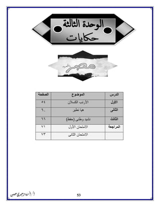 53
‫الدرس‬‫الموضوع‬‫الصفحة‬
‫األول‬‫الكسالن‬ ‫األرنب‬٥٤
‫الثانى‬‫نطي‬ ‫هيا‬‫ر‬٦٠
‫الثالث‬‫وطنى‬ ‫نشيد‬(‫حفظ‬)٦٦
‫المراجعة‬‫االمتحان‬‫األول‬٧١
‫االمتحان‬‫الثانى‬٧٣
 