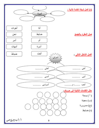 5
(‫د‬)‫ال‬ ‫شبكة‬ ‫أكمل‬‫كلمة‬‫اآلتية‬:
‫بالجمع‬ ‫المفرد‬ ‫صل‬
‫التالى‬ ‫الشكل‬ ‫أكمل‬:
‫إلى‬ ‫التالية‬ ‫الكلمات‬ ‫حلل‬‫حروف‬:
(‫أ‬)‫بسمة‬
(‫ب‬)‫سعيدة‬
(‫ج‬)‫مسرورة‬
(‫د‬)‫ضابط‬
‫أنا‬
‫أخت‬
‫نحن‬
‫أخوات‬
‫أمهات‬ ‫أسرة‬
‫أم‬‫أسر‬
‫ضابط‬
‫ضباط‬
‫أسرة‬
‫أخى‬...........‫أختى‬...........
‫أسرتى‬
‫أبـى‬...........‫أمــى‬...........
‫أحب‬........‫و‬ ،..........‫أسرتــى‬...........
 