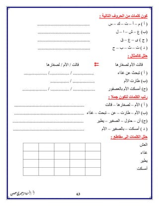 63
‫التالية‬ ‫الحروف‬ ‫من‬ ‫كلمات‬ ‫كون‬:
(‫أ‬)‫م‬–‫أ‬–‫ت‬–‫ك‬–‫س‬.............................................
(‫ب‬)‫ع‬–‫ش‬–‫ا‬–‫ل‬.............................................
(‫ج‬)‫ى‬–‫ع‬–‫ق‬.............................................
(‫د‬)‫ت‬–‫ث‬–‫ب‬–‫ح‬.............................................
‫كالمثال‬ ‫حلل‬:
‫لصغارها‬ ‫األم‬ ‫قالت‬‫قالت‬/‫األم‬/‫لصغارها‬
(‫أ‬)‫غذاء‬ ‫عن‬ ‫تبحث‬.................... /................. / ..................
(‫ب‬)‫األم‬ ‫طارت‬................ / ...................
(‫ج‬)‫بالعصفور‬ ‫األم‬ ‫أمسكت‬......... / ........................................ / .......
‫رت‬‫جمال‬ ‫لتكون‬ ‫الكلمات‬ ‫ب‬:
(‫أ‬)‫األم‬–‫لصغارها‬–‫قالت‬............................................................
(‫ب‬)‫األم‬–‫طارت‬–‫عن‬–‫تبحث‬–‫غذاء‬............................................................
(‫ج‬)‫أن‬–‫حاول‬–‫الصغير‬–‫يطير‬.............................................................
(‫د‬)‫أمسكت‬–‫بالصغير‬–‫األم‬.............................................................
‫مقاطع‬ ‫إلى‬ ‫الكلمات‬ ‫حلل‬:
‫العش‬
‫غذاء‬
‫يطير‬
‫أمسكت‬
 