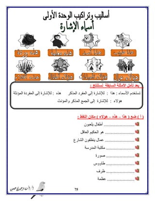 75
‫نستنتج‬ ‫السابقة‬ ‫األمثلة‬ ‫تأمل‬ ‫بعد‬:
‫األسماء‬ ‫تستخدم‬:‫هذا‬:‫هذه‬ ‫المذكر‬ ‫المفرد‬ ‫إلى‬ ‫لإلشارة‬:‫المؤنث‬ ‫المفردة‬ ‫إلى‬ ‫لإلشارة‬‫ة‬
‫هؤالء‬:‫والمؤنث‬ ‫المذكر‬ ‫الجمع‬ ‫إلى‬ ‫لإلشارة‬
(‫أ‬)‫ضع‬(‫هذا‬–‫هذه‬–‫هؤالء‬)‫النقط‬ ‫مكان‬:
...........................‫يلعبون‬ ‫أطفال‬
..........................‫العاقل‬ ‫الحكيم‬ ‫هو‬
..........................‫الشارع‬ ‫ينظفون‬ ‫عمال‬
.........................‫المدرسة‬ ‫مكتبة‬
.........................‫صورة‬
.........................‫طاووس‬
.........................‫ظرف‬
........................‫عظمة‬
 