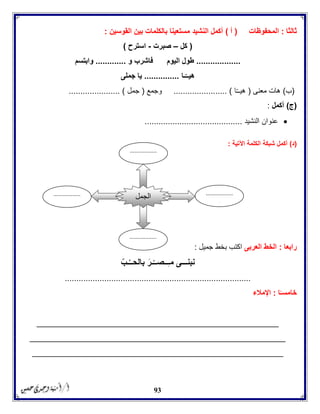 93
‫ثالثا‬:‫المحفوظات‬(‫أ‬)‫القوسين‬ ‫بين‬ ‫بالكلمات‬ ‫مستعينا‬ ‫النشيد‬ ‫أكمل‬:
(‫كل‬–‫صبرت‬-‫استرح‬)
...................‫و‬ ‫فاشرب‬ ‫اليوم‬ ‫طول‬.............‫وابتسم‬
‫ـا‬ّ‫هيــ‬...............‫جملى‬ ‫يا‬
(‫ب‬)‫معنى‬ ‫هات‬(‫ا‬‫هيــ‬....................... )‫وجمع‬(‫جمل‬...................... )
(‫ج‬)‫أكمل‬:
‫النشيد‬ ‫عنوان‬..........................................
(‫د‬)‫ال‬ ‫شبكة‬ ‫أكمل‬‫كلمة‬‫اآلتية‬:
‫رابعا‬:‫العربى‬ ‫الخط‬‫جميل‬ ‫بخط‬ ‫اكتب‬:
ّ‫ـب‬ُ‫بالحــ‬ َ‫ـر‬ْ‫ــصــ‬ِ‫ـ‬‫م‬ ‫نبنـــى‬
................................................................................
‫ا‬ً‫خامسـ‬:‫اإلمالء‬
____________________________________________________
_______________________________________________________
______________________________________________________
‫الجمل‬ .................
..
.................
..
.................
..
.................
..
 