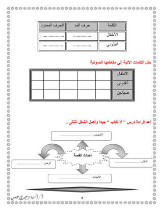 9
‫الكلمة‬‫المد‬ ‫حرف‬‫الممدود‬ ‫الحرف‬
‫األطفال‬...................................
‫أنقذونى‬.................................
‫الصوتية‬ ‫مقاطعها‬ ‫إلى‬ ‫اآلتية‬ ‫الكلمات‬ ‫حلل‬
‫األطفال‬
‫أنقذونى‬
‫ّادين‬‫ي‬‫ص‬
‫درس‬ ‫قراءة‬ ‫أعد‬"‫تكذب‬ ‫ال‬"‫التالى‬ ‫الشكل‬ ‫وأكمل‬ ‫ًا‬‫د‬‫جي‬:
‫القصة‬ ‫أحداث‬
‫األحداث‬....................................... :
‫المكان‬:..............................‫الزمان‬.............................. :
‫األشخاص‬....................................... :
 