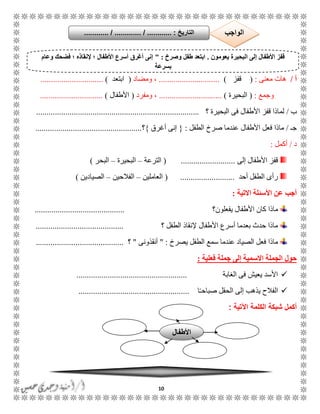 10
‫أ‬/‫معنى‬ ‫هات‬:(‫قفز‬).............................‫ومضاد‬ ،(‫ابتعد‬)..............................
‫وجمع‬:(‫البحيرة‬)..............................‫ومفرد‬ ،(‫األطفال‬)..............................
‫ب‬/‫البحيرة‬ ‫فى‬ ‫األطفال‬ ‫قفز‬ ‫لماذا‬‫؟‬..............................................................................
ً‫ج‬/‫صرخ‬ ‫عندما‬ ‫األطفال‬ ‫فعل‬ ‫ماذا‬‫الطفل‬:{‫أغرق‬ ‫إنى‬}‫؟‬...................................................
‫د‬/‫أكمل‬:
‫إلى‬ ‫األطفال‬ ‫قفز‬..........................(‫الترعة‬–‫ال‬‫بحيرة‬–‫ال‬‫بحر‬)
‫أحد‬ ‫الطفل‬ ‫رأى‬..........................(‫العاملين‬–‫الفالحين‬–‫الصيادين‬)
‫األ‬ ‫عن‬ ‫أجب‬‫االتية‬ ‫سللة‬:
‫ماذا‬‫يفعلون‬ ‫األطفال‬ ‫كان‬‫؟‬...........................................
‫الطفل‬ ‫إلنقاذ‬ ‫األطفال‬ ‫أسرع‬ ‫بعدما‬ ‫حدث‬ ‫ماذا‬‫؟‬..........................................
‫ا‬ ‫سمع‬ ‫عندما‬ ‫الصياد‬ ‫فعل‬ ‫ماذا‬‫يصرخ‬ ‫لطفل‬" :‫أنقذونى‬"‫؟‬..........................................
‫فعلية‬ ‫جملة‬ ‫إلى‬ ‫االسمية‬ ‫الجملة‬ ‫حول‬:
‫الغابة‬ ‫فى‬ ‫يعيش‬ ‫األسد‬.....................................................
‫ا‬ًً‫صباح‬ ‫الحقل‬ ‫إلى‬ ‫يذهب‬ ‫الفالح‬.....................................................
‫ال‬ ‫شبكة‬ ‫أكمل‬‫كلمة‬‫اآلتية‬:
‫يعو‬ ‫البحيرة‬ ‫إلى‬ ‫األطفال‬ ‫قفز‬‫مون‬.‫وصرخ‬ ‫طفل‬ ‫ابتعد‬" :‫وعام‬ ‫فضحك‬ ‫؛‬ ‫إلنقاذه‬ ‫؛‬ ‫األطفال‬ ‫أسرع‬ ‫أغرق‬ ‫إنى‬
‫بسرعة‬
.
‫التاريخ‬....... :....... / ............. / .......... ‫الواجب‬
‫األطفال‬
 