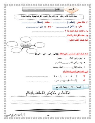 29
‫أ‬/‫معنى‬ ‫هات‬:(‫تمتص‬..................... )‫مضاد‬ ،:(‫جميلة‬..................... )
‫مفرد‬:(‫النحل‬................... )،‫جمع‬:(‫لون‬................... )
‫ب‬/‫ل‬ ‫النحل‬ ‫عسل‬ ‫فائدة‬ ‫ما‬‫؟‬ ‫نا‬...................................................
‫جـ‬/‫والنحلة‬ ‫الفراشة‬ ‫صف‬.........................................................
‫ال‬ ‫شبكة‬ ‫أكمل‬‫كلمة‬‫اآلتية‬:
‫النقط‬ ‫مكان‬ ‫المناسب‬ ‫الجر‬ ‫حرف‬ ‫ضع‬:((‫فى‬–‫إلى‬–‫عن‬–‫على‬))
‫النيل‬ ‫نهر‬ ‫يجرى‬...........‫مصر‬.
‫الكتب‬ ‫أخى‬ ‫وضع‬.........‫المكتب‬.
‫الفالح‬ ‫يذهب‬.............‫صباحًا‬ ‫الحقل‬.
‫اآلتية‬ ‫الحروف‬ ‫من‬ ‫كلمات‬ ‫كون‬:
(‫ا‬–‫ل‬–‫س‬–‫ع‬-‫ل‬.................................... )
(‫ل‬–‫ا‬–‫ق‬–‫ح‬–‫ر‬-‫ي‬................................. )..
‫وشفاء‬ ‫غذاء‬ ‫النحلة‬ ‫عسل‬.‫الذهب‬ ‫مثل‬ ‫النحل‬ ‫لون‬.‫مفيدة‬ ‫،والنحلة‬ ‫جميلة‬ ‫الفراشة‬
‫التاريخ‬....... :....... / ............. / .......... ‫الواجب‬
‫النحلة‬
 