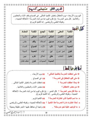 53
‫الكلمة‬‫المعنى‬‫الكلمة‬‫الجمع‬‫الكلمة‬‫المضاد‬
‫المثالى‬‫األفضل‬‫المثالى‬‫الم‬‫ثاليون‬‫المثالى‬‫األسوأ‬
‫نكرم‬‫نهنىء‬/‫نعز‬‫صديق‬‫أصدقاء‬‫وقف‬‫جلس‬
‫الحميدة‬‫الطيبة‬‫األب‬‫اآلباء‬‫الصباح‬‫المساء‬
‫تفوق‬‫تميز‬/‫نبوغ‬‫ابن‬‫أبناء‬‫الحميدة‬‫السيئة‬
‫اختيار‬‫انتخاب‬‫خلق‬‫أخالق‬‫نكرم‬‫نهين‬
‫الحميدة‬‫الحميدات‬‫تفوق‬‫تخلف‬/‫فشل‬
‫المثالى‬ ‫التلميذ‬ ‫باختيار‬ ‫االحتفال‬ ‫يوم‬ ‫؛‬ ‫األربعاء‬ ‫يوم‬ ‫اليوم‬.‫والمعلمون‬ ‫االباء‬ ‫وقف‬ ‫الصباح‬ ‫فى‬
‫و‬‫التالميذ‬.‫المدرسة‬ ‫مدير‬ ‫قال‬(( :، ‫الحميدة‬ ‫ألخالقه‬ ‫؛‬ ‫المدرسة‬ ‫أبناء‬ ‫من‬ ‫ابنا‬ ‫اليوم‬ ‫نكرم‬
‫والرياضى‬ ‫العلمى‬ ‫وتفوقه‬.‫كريم‬ ‫التلميذ‬ ‫إنه‬))
‫؟‬ ‫المثالى‬ ‫بالتلميذ‬ ‫المدرسة‬ ‫احتفلت‬ ‫متى‬‫األربعاء‬ ‫يوم‬.
‫؟‬ ‫المدرسة‬ ‫فى‬ ‫االحتفال‬ ‫أقيم‬ ‫متى‬‫الصباح‬ ‫فى‬.
‫؟‬ ‫المدرسة‬ ‫احتفلت‬ ‫بماذا‬‫المثالى‬ ‫التلميذ‬ ‫باختيار‬ ‫المدرسة‬ ‫احتفلت‬.
‫االح‬ ‫حضر‬ ‫من‬‫تفال‬‫؟‬‫والتالميذ‬ ‫والمعلمون‬ ‫اآلباء‬ ‫حضر‬.
‫المدرسة‬ ‫مدير‬ ‫قال‬ ‫ماذا‬‫؟‬‫المدير‬ ‫قال‬(( : :‫ألخالقه‬ ‫؛‬ ‫المدرسة‬ ‫أبناء‬ ‫من‬ ‫ابنا‬ ‫اليوم‬ ‫نكرم‬
‫والرياضى‬ ‫العلمى‬ ‫وتفوقه‬ ، ‫الحميدة‬.‫كريم‬ ‫التلميذ‬ ‫إنه‬.))
‫؟‬ ‫المدرسة‬ ‫اختارته‬ ‫الذى‬ ‫التلميذ‬ ‫اسم‬ ‫ما‬‫كريم‬ ‫التلميذ‬.
‫؟‬ ‫التلميذ‬ ‫هذا‬ ‫المدرسة‬ ‫إدارة‬ ‫اختارت‬ ‫لماذا‬‫والرياضى‬ ‫العلمى‬ ‫وتفوقه‬ ، ‫الحميدة‬ ‫ألخالقه‬
‫مدرستنا؟‬ ‫نحو‬ ‫علينا‬ ‫الواجب‬ ‫ما‬.‫وجميلة‬ ‫نظيفة‬ ‫لتبدو‬ ‫؛‬ ‫عليها‬ ‫نحافظ‬ ‫أن‬ ‫واجبنا‬
 