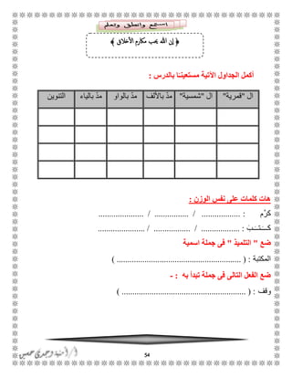 54
‫أكمل‬‫بالدرس‬ ‫ا‬ً‫مستعينـ‬ ‫اآلتية‬ ‫الجداول‬:
‫الوزن‬ ‫نفس‬ ‫على‬ ‫كلمات‬ ‫هات‬:
‫ك‬‫َّم‬‫ر‬:........... / ................ / ............................
‫ك‬ًَ‫ًب‬ًًَ‫ًت‬ًًَ............. / .................. :...................... / ....
‫ضع‬"‫ال‬‫ت‬‫لميذ‬"‫اسمية‬ ‫جملة‬ ‫فى‬
‫المكتبة‬...................................... ( :) ....................
‫به‬ ‫تبدأ‬ ‫جملة‬ ‫فى‬ ‫التالى‬ ‫الفعل‬ ‫ضع‬:-
‫و‬‫قف‬) .......................................................... ( :
‫ال‬"‫قمرية‬"‫ال‬"‫شمسية‬"‫باأللف‬ ّ‫د‬‫م‬‫بالواو‬ ّ‫د‬‫م‬‫بالياء‬ ّ‫د‬‫م‬‫التنوين‬
﴿‫خالق‬‫ال‬ ‫ماكرم‬ ‫حيب‬ ‫هللا‬ ‫ن‬‫ا‬﴾
 