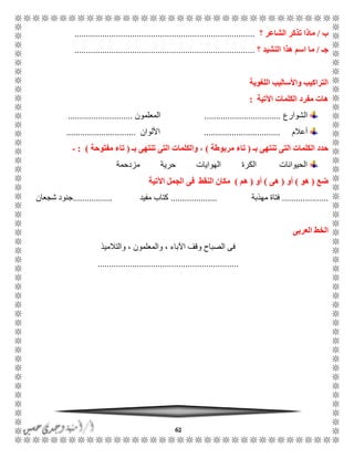 62
‫ب‬/‫؟‬ ‫الشاعر‬ ‫تذكر‬ ‫ماذا‬..............................................................................
‫جـ‬/‫؟‬ ‫النشيد‬ ‫هذا‬ ‫اسم‬ ‫ما‬..............................................................................
‫اللغوية‬ ‫واألساليب‬ ‫التراكيب‬
‫اآلتية‬ ‫الكلمات‬ ‫مفرد‬ ‫هات‬:
‫الشوارع‬.................................‫المع‬‫لمون‬............................
‫أعالم‬.................................‫األلوان‬..............................
‫بـ‬ ‫تنتهى‬ ‫التى‬ ‫الكلمات‬ ‫حدد‬(‫مربوطة‬ ‫تاء‬)‫بـ‬ ‫تنتهى‬ ‫التى‬ ‫والكلمات‬ ،(‫مفتوحة‬ ‫تاء‬: )-
‫الكرة‬ ‫الحيوانات‬‫مزدحمة‬ ‫حرية‬ ‫الهوايات‬
‫ضع‬(‫هو‬)‫أو‬(‫هى‬)‫أو‬(‫هم‬)‫اآلتية‬ ‫الجمل‬ ‫فى‬ ‫النقط‬ ‫مكان‬
....................‫مهذبة‬ ‫فتاة‬....................‫مفيد‬ ‫كتاب‬.................‫شجعان‬ ‫جنود‬
‫العربى‬ ‫الخط‬
‫اآل‬ ‫وقف‬ ‫الصباح‬ ‫فى‬‫والتالميذ‬ ، ‫والمعلمون‬ ، ‫باء‬
.............................................................
 