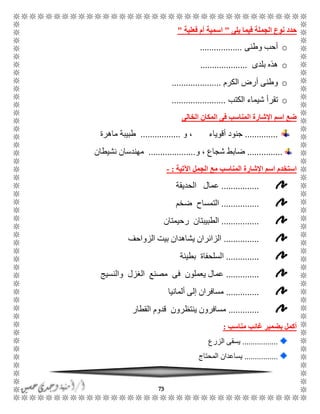 73
‫يلى‬ ‫فيما‬ ‫الجملة‬ ‫نوع‬ ‫حدد‬"‫فعلية‬ ‫أم‬ ‫اسمية‬"
o‫وطنى‬ ‫أحب‬..................
o‫بلدى‬ ‫هذه‬....................
o‫الكرم‬ ‫أرض‬ ‫وطنى‬.....................
o‫الكتب‬ ‫شيماء‬ ‫تقرأ‬.......................
‫الخالى‬ ‫المكان‬ ‫فى‬ ‫المناسب‬ ‫اإلشارة‬ ‫اسم‬ ‫ضع‬
..............‫أقوياء‬ ‫جنود‬‫و‬ ،.................‫ماهرة‬ ‫طبيبة‬
...............‫و‬ ، ‫شجاع‬ ‫ضابط‬....................‫نشيطان‬ ‫مهندسان‬
‫اآلتية‬ ‫الجمل‬ ‫مع‬ ‫المناسب‬ ‫اإلشارة‬ ‫اسم‬ ‫استخدم‬:-
................‫الحديقة‬ ‫عمال‬
................‫ضخم‬ ‫التمساح‬
................‫رحيمتان‬ ‫الطبيبتان‬
...............‫الزواحف‬ ‫بيت‬ ‫يشاهدان‬ ‫الزائران‬
..............‫بطيئة‬ ‫السلحفاة‬
..............‫والنسيج‬ ‫الغزل‬ ‫مصنع‬ ‫فى‬ ‫يعملون‬ ‫عمال‬
..............‫ألمانيا‬ ‫إلى‬ ‫مسافران‬
.............‫القطار‬ ‫قدوم‬ ‫ينتظرون‬ ‫مسافرون‬
‫مناسب‬ ‫غائب‬ ‫بضمير‬ ‫أكمل‬:
.................‫ي‬‫الزرع‬ ‫سقى‬
................‫المحتاج‬ ‫يساعدان‬
 