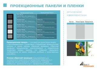 ПРОЕКЦИОННЫЕ ПАНЕЛИ И ПЛЕНКИ
Проекционная панель — система для трансляции видео-
и фотопрезентаций. Существуют стандартные проекционные
экраны, а также экраны обратной проекции. Обратная
проекция предполагает расположение и закрепление
проектора позади экрана, что позволяет передавать
изображение на экран наиболее удобным и качественным
способом.
Пленка обратной проекции предназначена для
однократного нанесения на прозрачную поверхность и
позволяет демонстрировать изображения, создавая
необычную, привлекательную и эффективную рекламу.
Проекционныепленки Проекционныепанели
Выключенный проектор
Белая Тёмно-серая Прозрачная
Включенный проектор
оптические
характеристики3M Vikuti
Контрастность: 600:1 Прозрачность:
68% Угол обзора: более 170 градусов
—
Raster Dark
Контрастность: 400:1 Прозрачность:
54% Угол обзора: более 150 градусов
VISIO S3
Толщина: 3 мм
Максимальный размер: 2х3 метра
Raster Grey
Контрастность: 300:1 Прозрачность:
81% Угол обзора: более 150 градусов
VISIO S2
Толщина: 3 мм
Максимальный размер: 2х3 метра
Raster White
Контрастность: 200:1 Прозрачность:
93% Угол обзора: более 130 градусов
VISIO S1
Толщина: 3 мм
Максимальный размер: 2х3 метра
Raster Clear
Контрастность: 200:1 Прозрачность:
98% Угол обзора: более 130 градусов
VISIO S0
Толщина: 3 мм
Максимальный размер: 2х3 метра
 