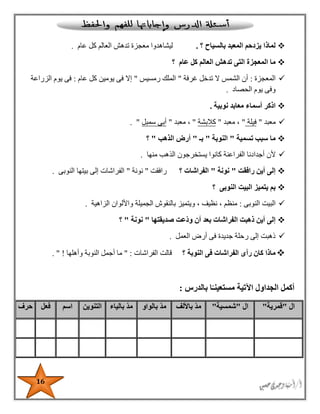 16
‫بالسياح‬ ‫المعبد‬ ‫يزدحم‬ ‫لماذا‬‫؟‬.‫عام‬ ‫كل‬ ‫العالم‬ ‫تدهش‬ ‫معجزة‬ ‫ليشاهدوا‬.
‫ال‬ ‫تدهش‬ ‫التى‬ ‫المعجزة‬ ‫ما‬‫عام‬ ‫كل‬ ‫عالم‬‫؟‬
‫المعجزة‬:‫غرفة‬ ‫تدخل‬ ‫ال‬ ‫الشمس‬ ‫أن‬"‫رمسيس‬ ‫الملك‬"‫عام‬ ‫كل‬ ‫يومين‬ ‫فى‬ ‫إال‬:‫الزراعة‬ ‫يوم‬ ‫فى‬
‫الحصاد‬ ‫يوم‬ ‫وفى‬.
‫نوبية‬ ‫معابد‬ ‫أسماء‬ ‫اذكر‬.
‫معبد‬"‫فيلة‬"‫معبد‬ ،"‫كالبشة‬"‫معبد‬ ،"‫سمبل‬ ‫أبى‬".
‫تسمية‬ ‫سبب‬ ‫ما‬"‫النوبة‬"‫بـ‬"‫الذهب‬ ‫أرض‬"‫؟‬
‫الف‬ ‫أجدادنا‬ ‫ألن‬‫منها‬ ‫الذهب‬ ‫يستخرجون‬ ‫كانوا‬ ‫راعنة‬.
‫رافقت‬ ‫أين‬ ‫إلى‬"‫نونة‬"‫الفراشات‬‫؟‬‫رافقت‬"‫نونة‬"‫النوبى‬ ‫بيتها‬ ‫إلى‬ ‫الفراشات‬.
‫النوبى‬ ‫البيت‬ ‫يتميز‬ ‫بم‬‫؟‬
‫النوبى‬ ‫البيت‬:‫الزاهية‬ ‫واأللوان‬ ‫الجميلة‬ ‫بالنقوش‬ ‫ويتميز‬ ، ‫نظيف‬ ، ‫منظم‬.
‫صدي‬ ‫ّعت‬‫د‬‫و‬ ‫أن‬ ‫بعد‬ ‫الفراشات‬ ‫ذهبت‬ ‫أين‬ ‫إلى‬‫قتها‬"‫نونة‬"‫؟‬
‫العمل‬ ‫أرض‬ ‫فى‬ ‫جديدة‬ ‫رحلة‬ ‫إلى‬ ‫ذهبت‬.
‫النوبة‬ ‫فى‬ ‫الفراشات‬ ‫رأى‬ ‫كان‬ ‫ماذا‬‫؟‬‫الفراشات‬ ‫قالت‬" :‫وأهلها‬ ‫النوبة‬ ‫أجمل‬ ‫ما‬!".
‫بالدرس‬ ‫ا‬ً‫مستعينـ‬ ‫اآلتية‬ ‫الجداول‬ ‫أكمل‬:
‫ال‬"‫قمرية‬"‫ال‬"‫شمسية‬"‫باأللف‬ ّ‫د‬‫م‬‫بالواو‬ ّ‫د‬‫م‬‫بالياء‬ ّ‫د‬‫م‬‫التنوين‬‫اسم‬‫فعل‬‫حرف‬
 