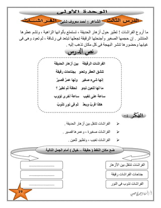 19
‫الفراشات‬ ‫أروع‬ ‫ما‬!‫عطرها‬ ‫وتشم‬ ، ‫الزاهية‬ ‫بألوانها‬ ‫تستمتع‬ ، ‫الحديقة‬ ‫أزهار‬ ‫حول‬ ‫تطير‬
‫المنتشر‬.‫فى‬ ‫وهى‬ ‫تعود‬ ‫ثم‬ ، ‫رشاقة‬ ‫فى‬ ‫تبتعد‬ ‫تجعلها‬ ‫الرقيقة‬ ‫وأجنحتها‬ ‫الصغير‬ ‫حجمها‬ ‫إن‬
‫البه‬ ‫تنشر‬ ‫وحضورها‬ ‫غيابها‬‫إليه‬ ‫تذهب‬ ‫مكان‬ ‫كل‬ ‫فى‬ ‫جة‬.
‫الحديقة‬ ‫أزهار‬ ‫بين‬ ‫تتنقل‬ ‫الفراشات‬.
‫قصير‬ ‫وعمرها‬ ، ‫صغيرة‬ ‫الفراشات‬.
‫تغيب‬ ‫الفراشات‬‫للعين‬ ‫وتظهر‬ ،.
‫الحديقة‬ ‫أزهار‬ ‫بين‬ ‫الرقيقة‬ ‫الفراشات‬
‫رق‬ ‫بجناحات‬ ‫وتعدو‬ ‫العطر‬ ‫تنشق‬‫يقة‬
ٌ‫ر‬‫قصي‬ ٌ‫ر‬‫عم‬ ‫ولها‬ ‫صغير‬ ‫شىء‬ ‫إنها‬
‫؟‬ ُ‫ر‬‫تطي‬ ‫ثم‬ ‫لحظة‬ ‫تبدو‬ ‫للعين‬ ‫لها‬ ‫ما‬
‫تؤوب‬ ‫أخرى‬ ‫ساعة‬ ‫تغيب‬ ‫عنى‬ ‫ساعة‬
ُ‫تذوب‬ ٍ‫ر‬‫نو‬ ‫فى‬ ‫ثم‬ ٌ‫د‬‫وبع‬ ٌ‫قرب‬ ‫هكذا‬
‫الشاعر‬:‫شلبى‬ ‫معروف‬ ‫أحمد‬
‫النقط‬ ‫مكان‬ ‫ضع‬(‫حقيقة‬–‫خيال‬)‫التالية‬ ‫الجمل‬ ‫أمام‬
‫األز‬ ‫بين‬ ‫تنتقل‬ ‫الفراشات‬‫هار‬
‫رقيقة‬ ‫الفراشات‬ ‫جناحات‬
........................
........................
........................ ‫النور‬ ‫فى‬ ‫تذوب‬ ‫الفراشات‬
 