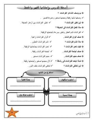 21
‫الفراشات‬ ‫الشاعر‬ ‫وصف‬ ‫بم‬‫؟‬
‫قصير‬ ‫وعمرها‬ ‫صغير‬ ‫وحجمها‬ ‫رقيقة‬ ‫بأنها‬ ‫وصفها‬.
‫؟‬ ‫الفراشات‬ ‫تطير‬ ‫أين‬‫الحديقة‬ ‫أزهار‬ ‫بين‬ ‫الفراشات‬ ‫تطير‬.
‫ماذا‬‫الحديقة‬ ‫فى‬ ‫الفراشات‬ ‫تفعل‬‫؟‬
‫الرقيقة‬ ‫بأجنحتها‬ ‫بسرعة‬ ‫وتطير‬ ‫العطر‬ ‫تشم‬ ‫الفراشات‬.
‫الفراشات‬ ‫ألوان‬ ‫صف‬.‫زاهية‬ ‫الفراشات‬ ‫ألوان‬.
‫الفراشات‬ ‫تشم‬ ‫ماذا‬‫؟‬‫العطور‬ ‫الفراشات‬ ‫تشم‬.
‫الفراشات‬ ‫تعدو‬ ‫كيف‬‫؟‬‫الرقيقة‬ ‫بجناحاتها‬ ‫الفراشات‬ ‫تعدو‬.
‫الفراشات‬ ‫أجنحة‬ ‫صف‬.‫رقيقة‬ ‫الفراشات‬ ‫أجنحة‬.
‫ا‬ ‫حجم‬ ‫صف‬‫لفراشات‬.‫صغير‬ ‫الفراشات‬ ‫حجم‬.
‫ل‬‫ما‬‫ذا‬‫؟‬ ‫رشاقة‬ ‫فى‬ ‫الفراشات‬ ‫تبتعد‬‫رقيقة‬ ‫وأجنحتها‬ ‫صغير‬ ‫حجمها‬ ‫ألن‬.
‫؟‬ ‫الفراشات‬ ‫تختفى‬ ‫أين‬‫النور‬ ‫خلف‬ ‫الفراشات‬ ‫تختفى‬.
‫من‬ ‫استخرج‬‫النشيد‬
..................................................
‫استفهام‬ ‫أسلوب‬
..................................................
‫فعلية‬ ‫جملة‬
..................................................
‫اسمية‬ ‫جملة‬
..................................................
‫أسلوب‬‫بإن‬ ‫مؤكد‬
 
