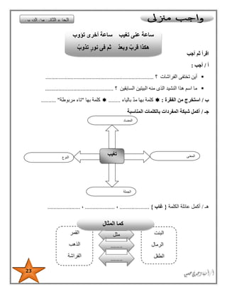 23
‫أجب‬ ‫ثم‬ ‫اقرأ‬
‫أ‬/‫أجب‬:
‫الفراشات‬ ‫تختفى‬ ‫أين‬‫؟‬.........................................................................
‫منه‬ ‫الذى‬ ‫النشيد‬ ‫هذا‬ ‫اسم‬ ‫ما‬‫السابقين‬ ‫البيتين‬‫؟‬..............................................
‫ب‬/‫الفقرة‬ ‫من‬ ‫استخرج‬:‫بالياء‬ ‫مد‬ ‫بها‬ ‫كلمة‬........‫بها‬ ‫كلمة‬"‫مربوطة‬ ‫تاء‬... ".......
‫جـ‬/‫المناسبة‬ ‫بالكلمات‬ ‫المفردات‬ ‫شبكة‬ ‫أكمل‬
‫هـ‬/‫الكلمة‬ ‫عائلة‬ ‫أكمل‬{‫غاب‬}....................،....................،......................
‫النوع‬
‫تغيب‬ ‫المع‬‫نى‬
‫الجملة‬
‫المضاد‬
‫الدرس‬ ‫من‬ ‫الثانى‬ ‫الجزء‬
‫تؤوب‬ ‫أخرى‬ ‫ساعة‬ ‫تغيب‬ ‫عنى‬ ‫ساعة‬
ُ‫تذوب‬ ٍ‫ر‬‫نو‬ ‫فى‬ ‫ثم‬ ٌ‫د‬‫وبع‬ ٌ‫قرب‬ ‫هكذا‬
‫البنت‬
‫الرمال‬
‫الطفل‬
‫القمر‬
‫الذهب‬
‫ال‬‫فراشة‬
‫مثل‬
........
........
‫المثال‬ ‫كما‬
 