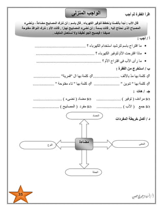 35
‫ال‬ ‫اقرأ‬‫أجب‬ ‫ثم‬ ‫فقرة‬
‫أ‬/‫أجب‬:
‫الكهرباء‬ ‫استخدام‬ ‫لترشيد‬ ‫باسم‬ ‫اقتراح‬ ‫ما‬‫؟‬................................................
‫الكهرباء‬ ‫لتوفير‬ ‫األم‬ ‫اقترحت‬ ‫ماذا‬‫؟‬.......................................................
‫؟‬ ‫األم‬ ‫اقتراح‬ ‫فى‬ ‫األب‬ ‫رأى‬ ‫ما‬.............................................................
‫ب‬/‫الفقرة‬ ‫من‬ ‫استخرج‬:
‫باأللف‬ ‫مد‬ ‫بها‬ ‫كلمة‬.........................‫ال‬ ‫بها‬ ‫كلمة‬"‫قمرية‬......................... "
‫بها‬ ‫كلمة‬"‫تنوين‬................ "........‫بها‬ ‫كلمة‬"‫مفتوحة‬ ‫تاء‬............. ".......
‫جـ‬/‫هات‬:
‫مرادف‬(‫توفير‬....................... )‫مضاد‬(‫نضىء‬......................... )..
‫جمع‬(‫األب‬........................ )‫مفرد‬(‫المصابيح‬......................... )
‫د‬/‫المفردات‬ ‫خريطة‬ ‫أكمل‬
‫المنزلى‬ ‫الواجب‬
‫النوع‬
‫مضاءة‬ ‫المعنى‬
‫الجملة‬
‫المضاد‬
‫األب‬ ‫قال‬:‫الكهرباء‬ ‫لتوفير‬ ‫ونخطط‬ ‫بأنفسنا‬ ‫نبدأ‬.‫باسم‬ ‫قال‬:‫ونضىء‬ ، ً‫ة‬‫مضاء‬ ‫المصابيح‬ ‫نترك‬ ‫لن‬
‫إليه‬ ‫نحتاج‬ ‫الذى‬ ‫المصباح‬.‫بسمة‬ ‫قالت‬:‫ا‬ً‫نهار‬ ‫المصابيح‬ ‫نضىء‬ ‫لن‬.ّ‫م‬‫األ‬ ‫قالت‬:‫مفتوحة‬ ‫النوافذ‬ ‫نترك‬
‫لطي‬ ‫الجو‬ ‫فيصبح‬ ‫؛‬ ‫ا‬ً‫صيفـ‬‫المكيف‬ ‫نستعمل‬ ‫وال‬ ‫ا‬ً‫فـ‬.
 