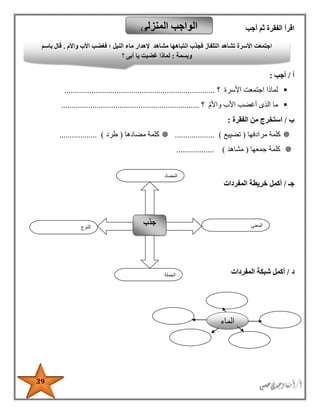 39
‫أجب‬ ‫ثم‬ ‫الفقرة‬ ‫اقرأ‬
‫أ‬/‫أجب‬:
‫األسرة‬ ‫اجتمعت‬ ‫لماذا‬‫؟‬........................................................................
‫واألم‬ ‫األب‬ ‫أغضب‬ ‫الذى‬ ‫ما‬‫؟‬..................................................................
‫ب‬/‫الفقرة‬ ‫من‬ ‫استخرج‬:
‫مرادفها‬ ‫كلمة‬(‫تضييع‬............ ).......‫مضادها‬ ‫كلمة‬(‫طرد‬.................. )
‫جمعها‬ ‫كلمة‬(‫مشاهد‬.................. )
‫جـ‬/‫المفردات‬ ‫خريطة‬ ‫أكمل‬
‫د‬/‫المفردات‬ ‫شبكة‬ ‫أكمل‬
‫المنزلى‬ ‫الواجب‬
‫النوع‬
‫جذب‬ ‫المعنى‬
‫الجملة‬
‫المضاد‬
‫ان‬ ‫فجذب‬ ‫التلفاز‬ ‫تشاهد‬ ‫األسرة‬ ‫اجتمعت‬‫ت‬‫باهها‬‫مشاهد‬‫النيل‬ ‫ماء‬ ‫إلهدار‬‫واألم‬ ‫األب‬ ‫فغضب‬ ‫؛‬.‫باسم‬ ‫قال‬
‫وبسمة‬:‫؟‬ ‫أبى‬ ‫يا‬ ‫غضبت‬ ‫لماذا‬
‫الماء‬
 