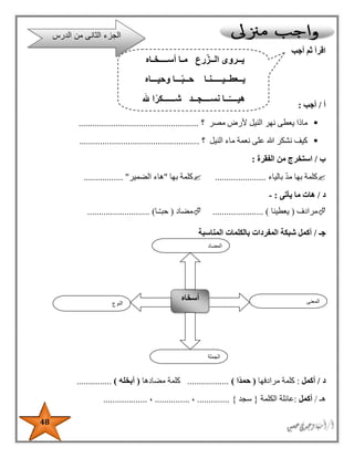 48
‫أجب‬ ‫ثم‬ ‫اقرأ‬
‫أ‬/‫أجب‬:
‫الني‬ ‫نهر‬ ‫يعطى‬ ‫ماذا‬‫مصر‬ ‫ألرض‬ ‫ل‬‫؟‬....................................................
‫النيل‬ ‫ماء‬ ‫نعمة‬ ‫على‬ ‫هللا‬ ‫نشكر‬ ‫كيف‬‫؟‬....................................................
‫ب‬/‫الفقرة‬ ‫من‬ ‫استخرج‬:
‫بالياء‬ ‫مد‬ ‫بها‬ ‫كلمة‬......................‫بها‬ ‫كلمة‬"‫الضمير‬ ‫هاء‬.... ".............
‫د‬/‫يأتى‬ ‫ما‬ ‫هات‬:-
‫مرادف‬(‫يعطينا‬...................... )‫مضاد‬(‫ـا‬‫حبـ‬........................... )
‫جـ‬/‫المناسبة‬ ‫بالكلمات‬ ‫المفردات‬ ‫شبكة‬ ‫أكمل‬
‫د‬/‫أكمل‬:‫مرادفها‬ ‫كلمة‬(‫ًا‬‫د‬‫حم‬)..................‫مضادها‬ ‫كلمة‬(‫أبخله‬)...............
‫هـ‬/‫أكمل‬:‫الكلمة‬ ‫عائلة‬{‫سجد‬}..............،...............،...................
‫النوع‬
‫أسخاه‬ ‫المعنى‬
‫الجملة‬
‫المضاد‬
‫الدرس‬ ‫من‬ ‫الثانى‬ ‫الجزء‬
‫أســــخـاه‬ ‫مـا‬ ‫رع‬ّ‫ز‬‫الــ‬ ‫يــروى‬
‫وحيـــاه‬ ‫ـــا‬ّ‫ب‬‫حــ‬ ‫يــعطــيـــــنـا‬
‫هلل‬ ‫ا‬ً‫ر‬‫شــــــك‬ ‫نســــجــد‬ ‫ــا‬ّ‫هيــــ‬
 