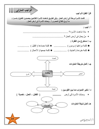 69
‫أجب‬ ‫ثم‬ ‫الفقرة‬ ‫اقرأ‬
‫أ‬/‫أجب‬:
‫شاهدت‬ ‫ماذا‬‫األسرة‬‫؟‬......................................................................
‫؟‬ ‫العمل‬ ‫أرض‬ ‫فى‬ ‫يعمل‬ ْ‫من‬................................................
‫ب‬/‫الفقرة‬ ‫من‬ ‫استخرج‬:
‫مرادفها‬ ‫كلمة‬(‫يرمون‬................... )‫مضادها‬ ‫كلمة‬(‫القليل‬.................. )
‫مفردها‬ ‫كلمة‬(‫ياد‬‫الص‬.................... )‫جمعها‬ ‫كلمة‬(‫األعمال‬.................. )
‫جـ‬/‫المفردات‬ ‫خريطة‬ ‫أكمل‬
‫د‬/‫القوسين‬ ‫بين‬ ‫مما‬ ‫الصواب‬ ‫تخير‬:
‫ا‬ ‫وصلت‬‫ألسرة‬‫أرض‬ ‫إلى‬.............{‫القطن‬–‫العمل‬–‫خصبة‬}
‫هـ‬/‫المفردات‬ ‫شبكة‬ ‫أكمل‬
‫ا‬‫المنزلى‬ ‫لواجب‬
‫النوع‬
‫يحصد‬ ‫المعنى‬
‫الجملة‬
‫المضاد‬
‫العمل‬ ‫أرض‬ ‫إلى‬ ‫برحلة‬ ‫األسرة‬ ‫قامت‬.‫القمح‬ ‫يحصدون‬ ‫الفالحين‬ ‫األسرة‬ ‫شاهدت‬ ‫الطريق‬ ‫وفى‬(‫باسم‬: )
‫المصرى‬ ‫الفالح‬ ‫أروع‬ ‫ما‬!.‫األ‬ ‫وصلت‬‫سرة‬‫العمل‬ ‫أرض‬ ‫إلى‬.
‫الصياد‬
‫ون‬
 