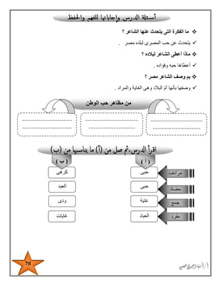 78
‫الشاعر‬ ‫عنها‬ ‫يتحدث‬ ‫التى‬ ‫الفكرة‬ ‫ما‬‫؟‬
‫مصر‬ ‫لبلده‬ ‫المصرى‬ ‫حب‬ ‫عن‬ ‫يتحدث‬.
‫لبالده‬ ‫الشاعر‬ ‫أعطى‬ ‫ماذا‬‫؟‬
‫أعطاها‬‫وفؤاده‬ ‫حبه‬.
‫مصر‬ ‫الشاعر‬ ‫وصف‬ ‫بم‬‫؟‬
‫والمراد‬ ‫الغاية‬ ‫وهى‬ ‫البالد‬ ‫أم‬ ‫بأنها‬ ‫وصفها‬.
‫من‬‫م‬‫الوطن‬ ‫حب‬ ‫ظاهر‬
....................................
.................................
.....................................
................................
...................................
..................................
‫حبى‬‫كرهى‬
‫حبى‬‫العبد‬
‫غاية‬‫ودى‬
‫العباد‬‫غايات‬
‫مرادف‬
‫مضاد‬
‫جمع‬
‫مفرد‬
(‫أ‬)(‫ب‬)
 
