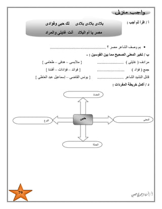 79
‫أ‬/‫ثم‬ ‫اقرأ‬‫أجب‬:
‫مصر‬ ‫الشاعر‬ ‫وصف‬ ‫بم‬‫؟‬.....................................................
‫ب‬/‫القوسين‬ ‫بين‬ ‫مما‬ ‫الصحيح‬ ‫المعنى‬ ‫تخير‬:-
‫مرادف‬(‫غايتى‬..... )....................{‫مالبسى‬–‫هدفى‬–‫طعامى‬}
‫جمع‬(‫فؤاد‬.......................... ){‫فوائد‬–‫فؤادات‬–‫أفئدة‬}
‫الشاعر‬ ‫النشيد‬ ‫قائل‬.........................{‫القاضى‬ ‫يونس‬–‫العاطى‬ ‫عبد‬ ‫إسماعيل‬}
‫د‬/‫المف‬ ‫خريطة‬ ‫أكمل‬‫ردات‬:
‫النوع‬
‫حبى‬ ‫المعنى‬
‫الجملة‬
‫المضاد‬
‫وفؤادى‬ ‫حبى‬ ‫لك‬ ‫بالدى‬ ‫بالدى‬ ‫بالدى‬
‫والمراد‬ ‫غايتى‬ ‫أنت‬ ‫البالد‬ ‫أم‬ ‫يا‬ ‫مصر‬
 