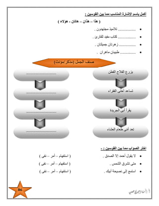 86
‫القوسين‬ ‫بين‬ ‫مما‬ ‫المناسب‬ ‫اإلشارة‬ ‫باسم‬ ‫أكمل‬:
(‫هذا‬–‫هذان‬–‫هاتان‬-‫هؤالء‬)
.................‫مجتهدون‬ ‫تالميذ‬.
.................‫للقارئ‬ ‫مفيد‬ ‫كتاب‬.
................‫جميلتان‬ ‫زهرتان‬.
...............‫ماهران‬ ‫طبيبان‬.
‫القوسين‬ ‫بين‬ ‫مما‬ ‫الصواب‬ ‫اختر‬:-
‫الصدق‬ ‫إال‬ ‫أحمد‬ ‫يقول‬ ‫ال‬( .‫استفهام‬–‫أمر‬–‫نفى‬)
‫الشمس‬ ‫تشرق‬ ‫متى‬.(‫استف‬‫هام‬–‫أمر‬–‫نفى‬)
‫أبيك‬ ‫نصيحة‬ ‫إلى‬ ‫استمع‬.(‫استفهام‬–‫أمر‬–‫نفى‬)
‫الجريدة‬ ‫أبى‬ ‫يقرأ‬
‫العشاء‬ ‫طعام‬ ‫ى‬‫أم‬ ‫تعد‬.............................
.............................
‫الجمل‬ ‫صنف‬(‫مذكر‬/‫مؤنث‬)
‫القطن‬ ‫الفالح‬ ‫يزرع‬
‫الفقراء‬ ‫أختى‬ ‫تساعد‬.............................
.............................
 