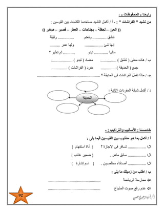 92
‫رابـ‬‫ا‬ً‫عـ‬:‫المحفوظات‬:-
‫من‬‫نشيد‬"‫الفراشات‬":-‫أ‬/‫القوسين‬ ‫بين‬ ‫الكلمات‬ ‫مستخدما‬ ‫النشيد‬ ‫أكمل‬:
((‫العين‬–‫لحظة‬–‫بجناحا‬‫ت‬–‫العطر‬–‫قصير‬–‫صغير‬))
‫تنشق‬.............‫وتعدو‬...............‫رقيقة‬
‫إنها‬‫شئ‬.................‫عمر‬ ‫ولها‬..........
‫مالها‬.............‫تبدو‬...........‫؟‬ ‫تطير‬ ‫ثم‬
‫ب‬/‫معنى‬ ‫هات‬(‫تنشق‬............... )‫مضاد‬(‫تبدو‬.................. )..
‫جمع‬(‫الحديقة‬.............. )‫مفرد‬(‫الفراشات‬............... )
‫جـ‬/‫؟‬ ‫الحديقة‬ ‫فى‬ ‫الفراشات‬ ‫تفعل‬ ‫ماذا‬...........................................................
‫د‬/‫اآلتية‬ ‫المفردات‬ ‫شبكة‬ ‫أكمل‬:
‫خامس‬‫ـ‬‫ـا‬ً‫ـ‬:‫والتراكيب‬ ‫األساليب‬:-
‫أ‬/‫يلى‬ ‫فيما‬ ‫القوسين‬ ‫بين‬ ‫مطلوب‬ ‫هو‬ ‫بما‬ ‫أكمل‬:
.................‫؟‬ ‫اإلجازة‬ ‫فى‬ ‫تسافر‬{‫استفهام‬ ‫أداة‬}
.................‫ماهر‬ ‫سائق‬.{‫غائب‬ ‫ضمير‬}
.................‫مخلصون‬ ‫أصدقاء‬.{‫إشارة‬ ‫اسم‬}
‫ب‬/‫يلى‬ ‫ما‬ ‫زميلك‬ ‫من‬ ‫اطلب‬:
‫ممارسة‬‫الرياضة‬.................................................
‫عدم‬‫المذياع‬ ‫صوت‬ ‫رفع‬.................................................
‫ا‬‫لحديقة‬
 