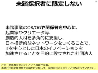 未踏採択者に限定しない
未踏事業のOB/OGや関係者を中心に、
起業家やクリエータ等、
創造的人材を多角的に支援し、
日本横断的なネットワークをつくることで、
ITを中心とした日本のイノベーションを
加速させることを目的に設立された社団法人
11
この「関係者を中心に」という表現が大事。
未踏社団は支援対象を未踏だけに閉じず、周囲のコミュニティとつながっていきたい。
 