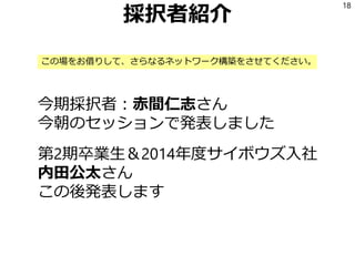 採択者紹介
今期採択者：赤間仁志さん
今朝のセッションで発表しました
第2期卒業生＆2014年度サイボウズ入社
内田公太さん
この後発表します
18
この場をお借りして、さらなるネットワーク構築をさせてください。
 