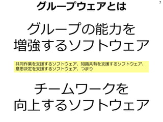 グループウェアとは
グループの能力を
増強するソフトウェア
チームワークを
向上するソフトウェア
7
共同作業を支援するソフトウェア、知識共有を支援するソフトウェア、
意思決定を支援するソフトウェア、つまり
 
