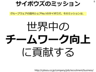 サイボウズのミッション
世界中の
チームワーク向上
に貢献する
8
http://cybozu.co.jp/company/job/recruitment/business/
グループウェアの国内シェアNo.1のサイボウズ。そのミッションは、
 