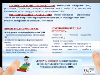 ТЕСТОВІ ЗАВДАННЯ ПРОБНОГО ЗНО відповідають програмам ЗНО,
укладаються Українським центром оцінювання якості освіти і є максимально
наближеними до тих, що будуть надані під час основного ЗНО.
МІСЦЕ ПРОВЕДЕННЯ ПРОБНОГО ЗНО – пункти тестування – створюються
лише в тих адміністративно-територіальних одиницях, де зареєструвалася певна
кількість абітурієнтів на кожен день тестування.
ПРОБНЕ ЗНО ДАЄ МОЖЛИВІСТЬ:
–взяти участь у процедурі проведення ЗНО;
– психологічно адаптуватися до основної сесії
ЗНО;
–ознайомитися з різними формами тестових
завдань;
– розрахувати час роботи із тестовими зошитами;
– потренуватися в заповненні бланків відповідей;
– визначити власний рівень знань;
– скорегувати підготовку до ЗНО.
УЧАСНИКИ ПРОБНОГО ЗНО
ОТРИМУЮТЬ:
–зошит(-ти) із тестовими завданнями
пробного ЗНО;
– бланк(-ки)відповідей;
– бланки з правильними відповідями та
методику визначення результатів (після
завершення процедури пробного
тестування).
Для 89 % опитаних першокурсників
пробне тестування стало запорукою
успішного проходження ЗНО.
 
