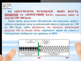 Усі АБІТУРІЄНТИ, РЕЗУЛЬТАТИ ЯКИХ
отримають
БУДУТЬ
оцінку заВИЩИМИ ЗА «ПОРОГОВИЙ БАЛ»,
шкалою 100–200 балів.
Таким чином, результати абітурієнтів, які подолали «поріг»,
займуть відповідне місце на рейтинговій шкалі в діапазоні від 100
до 200 балів, тобто абітурієнти, які матимуть рейтинговий
результат 100 та більше балів, отримають право на участь у
конкурсному відборі під час прийому до ВНЗ.
100 200
 