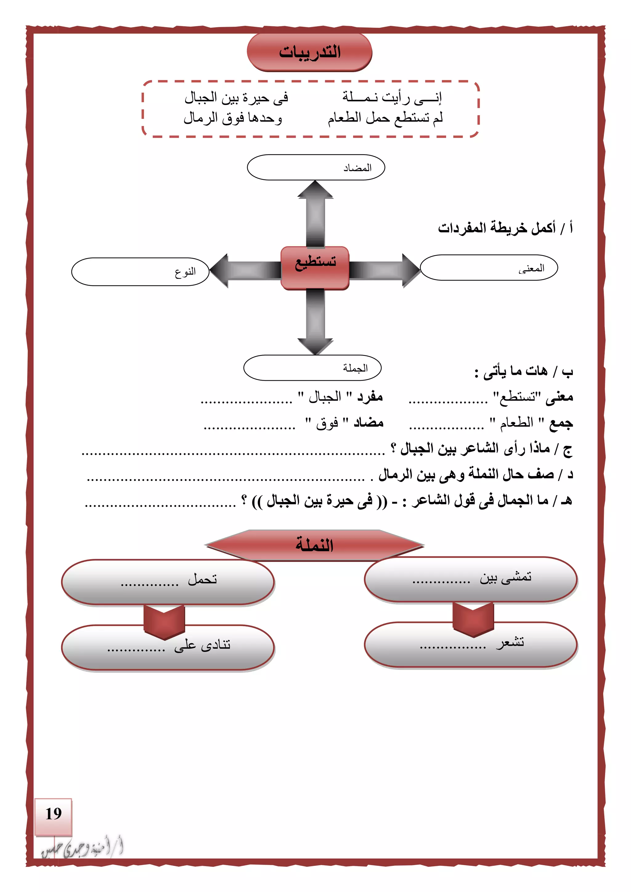 19
‫أ‬/‫المفردات‬ ‫خريطة‬ ‫أكمل‬
‫ب‬/‫يأتى‬ ‫ما‬ ‫هات‬:
‫معنى‬"‫تستطع‬................... "‫مفرد‬"‫الجبال‬...................... "
‫جمع‬"‫الطعام‬............. ".....‫مضاد‬"‫فوق‬...................... "
‫ج‬/‫؟‬ ‫الجبال‬ ‫بين‬ ‫الشاعر‬ ‫رأى‬ ‫ماذا‬........................................................................
‫د‬/‫الرمال‬ ‫بين‬ ‫وهى‬ ‫النملة‬ ‫حال‬ ‫صف‬.................................................................. .
‫هـ‬/‫الشاعر‬ ‫قول‬ ‫فى‬ ‫الجمال‬ ‫ما‬:-((‫الجبال‬ ‫بين‬ ‫حيرة‬ ‫فى‬))‫؟‬....................................
‫التدريبات‬
‫الجبال‬ ‫بين‬ ‫حيرة‬ ‫فى‬ ‫نـمـــلة‬ ‫رأيت‬ ‫إنـــى‬
‫الطع‬ ‫حمل‬ ‫تستطع‬ ‫لم‬‫الرمال‬ ‫فوق‬ ‫وحدها‬ ‫ام‬
‫النوع‬
‫تستطيع‬ ‫المعنى‬
‫الجملة‬
‫المضاد‬
‫النملة‬
‫بين‬ ‫تمشى‬..............
‫تشعر‬................‫على‬ ‫تنادى‬..............
‫تحمل‬..............
 