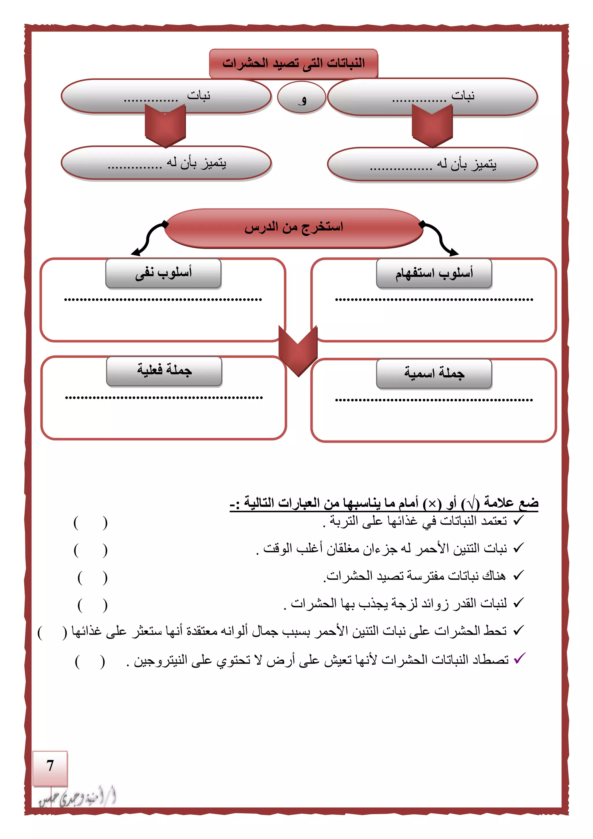7
‫علمة‬ ‫ضع‬(√)‫أو‬(×)‫يناسبه‬ ‫ما‬ ‫أمام‬‫ا‬‫التالية‬ ‫العبارات‬ ‫من‬:-
‫التربة‬ ‫على‬ ‫غذائها‬ ‫في‬ ‫النباتات‬ ‫تعتمد‬.) (
‫جزءان‬ ‫له‬ ‫األحمر‬ ‫التنين‬ ‫نبات‬‫مغ‬‫الوقت‬ ‫أغلب‬ ‫لقان‬.) (
‫ال‬ ‫تصيد‬ ‫مفترسة‬ ‫نباتات‬ ‫هناك‬‫حشرات‬.) (
‫لزجة‬ ‫زوائد‬ ‫القدر‬ ‫لنبات‬‫الحشرات‬ ‫بها‬ ‫يجذب‬.) (
‫غذائها‬ ‫على‬ ‫ستعثر‬ ‫أنها‬ ‫معتقدة‬ ‫ألوانه‬ ‫جمال‬ ‫بسبب‬ ‫األحمر‬ ‫التنين‬ ‫نبات‬ ‫على‬ ‫الحشرات‬ ‫تحط‬) (
‫النيتروجين‬ ‫على‬ ‫تحتوي‬ ‫ال‬ ‫أرض‬ ‫على‬ ‫تعيش‬ ‫ألنها‬ ‫الحشرات‬ ‫النباتات‬ ‫تصطاد‬.()
‫الحشرات‬ ‫تصيد‬ ‫التى‬ ‫النباتات‬
‫نبات‬..............
‫له‬ ‫بأن‬ ‫يتميز‬................‫له‬ ‫بأن‬ ‫يتميز‬..............
‫نبات‬.............. ‫و‬
‫من‬ ‫استخرج‬‫الدرس‬
..................................................
‫استفهام‬ ‫أسلوب‬
..................................................
‫أسلوب‬‫نفى‬
..................................................
‫اسمية‬ ‫جملة‬
..................................................
‫فعلية‬ ‫جملة‬
 