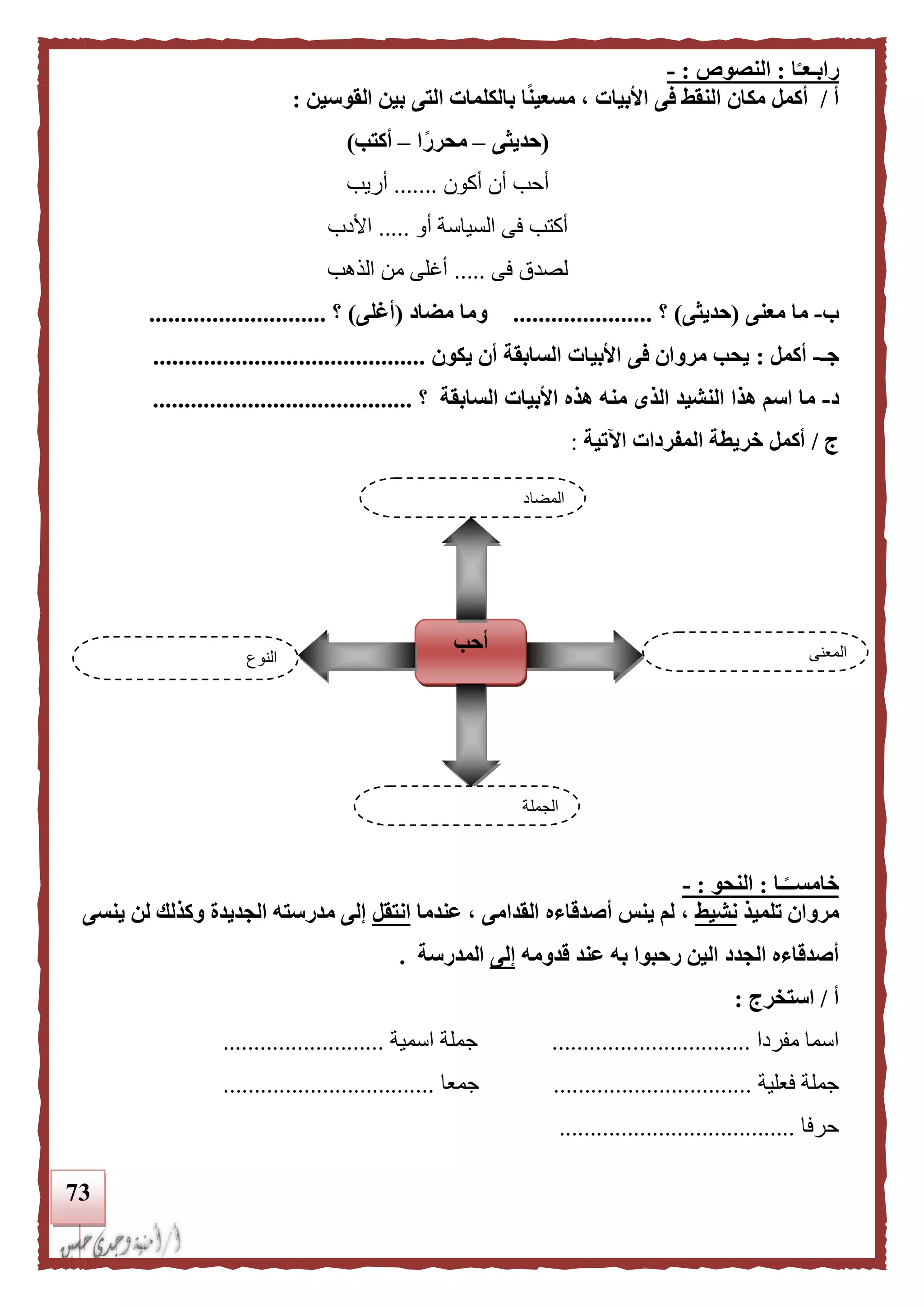 73
‫ا‬‫ا‬‫رابـعـ‬:‫ال‬‫نصوص‬:-
‫أ‬/‫القوسين‬ ‫بين‬ ‫التى‬ ‫بالكلمات‬ ‫ا‬‫ا‬‫ن‬‫مسعي‬ ، ‫األبيات‬ ‫فى‬ ‫النقط‬ ‫مكان‬ ‫أكمل‬:
(‫حديثى‬–‫ا‬‫ا‬‫ر‬‫محر‬–‫أكتب‬)
‫أكون‬ ‫أن‬ ‫أحب‬.......‫أريب‬
‫أو‬ ‫السياسة‬ ‫فى‬ ‫أكتب‬.....‫األدب‬
‫فى‬ ‫لصدق‬.....‫الذهب‬ ‫من‬ ‫أغلى‬
‫ب‬-‫معنى‬ ‫ما‬(‫حديثى‬)‫؟‬......................‫مضاد‬ ‫وما‬(‫أغلى‬)‫؟‬............................
‫جـ‬-‫أكمل‬:‫يكون‬ ‫أن‬ ‫السابقة‬ ‫األبيات‬ ‫فى‬ ‫مروان‬ ‫يحب‬...........................................
‫د‬-‫؟‬ ‫السابقة‬ ‫األبيات‬ ‫هذه‬ ‫منه‬ ‫الذى‬ ‫النشيد‬ ‫هذا‬ ‫اسم‬ ‫ما‬.........................................
‫ج‬/‫أكمل‬‫خريطة‬‫اآلتية‬ ‫المفردات‬:
‫ـا‬‫ا‬‫خامســ‬:‫النحو‬:-
‫تلميذ‬ ‫مروان‬‫نشيط‬‫عندما‬ ، ‫القدامى‬ ‫أصدقاءه‬ ‫ينس‬ ‫لم‬ ،‫انتقل‬‫ينسى‬ ‫لن‬ ‫وكذلك‬ ‫الجديدة‬ ‫مدرسته‬ ‫إلى‬
‫الجدد‬ ‫أصدقاءه‬‫قدومه‬ ‫عند‬ ‫به‬ ‫رحبوا‬ ‫الين‬‫إلى‬‫المدرسة‬.
‫أ‬/‫استخرج‬:
‫مفردا‬ ‫اسما‬................................‫اسمي‬ ‫جملة‬‫ة‬..........................
‫فعلية‬ ‫جملة‬................................‫جمعا‬..................................
‫حرفا‬......................................
‫النوع‬
‫أحب‬ ‫المعنى‬
‫الجملة‬
‫المضاد‬
 