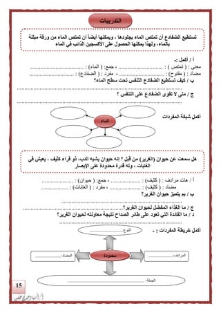 15
‫أ‬/‫أكمل‬:‫ـ‬
‫معنى‬( :‫تمتص‬.............................. : )،‫جمع‬( :‫الماء‬. : )...................................
‫مضاد‬( :‫مفتوح‬.............................. : )،‫مفرد‬( :‫الضفادع‬.......................... : )....
‫ب‬/‫الماء؟‬ ‫سطح‬ ‫تحت‬ ‫التنفس‬ ‫الضفادع‬ ‫تستطيع‬ ‫كيف‬
.............................................................................................................
‫ج‬/‫؟‬ ‫التنفس‬ ‫على‬ ‫الضفادع‬ ‫تقوى‬ ‫ال‬ ‫متى‬
.............................................................................................................
‫المفردات‬ ‫شبكة‬ ‫أكمل‬
‫أ‬/‫مرادف‬ ‫هات‬:(‫كثيف‬............ : )........‫جمع‬ ،( :‫حيوان‬. : )....................
‫مضاد‬( :‫كثيف‬)..................... :‫مفرد‬ ،( :‫الغابات‬)....... :...........
‫ب‬/‫الغرير؟‬ ‫حيوان‬ ‫يتميز‬ ‫بم‬
................................................................................
‫ج‬/‫الغرير؟‬ ‫لحيوان‬ ‫المفضل‬ ‫الغذاء‬ ‫ما‬..................................................................
‫د‬/‫طائر‬ ‫على‬ ‫تعود‬ ‫التي‬ ‫الفائدة‬ ‫ما‬‫الغرير؟‬ ‫لحيوان‬ ‫معاونته‬ ‫نتيجة‬ ‫الصداح‬
.................................................................................
‫أكمل‬‫خريطة‬‫المفردات‬:-‫النوع‬.............................:
...
‫المرادف‬...................:...
...
‫المضاد‬.......................:
‫الجملة‬..................................................................... :
‫محدودة‬
‫الماء‬
‫التدريبات‬
‫مبللة‬ ‫ورقة‬ ‫من‬ ‫الماء‬ ‫تمتص‬ ‫أن‬ ‫ا‬‫ا‬‫أيض‬ ‫ويمكنها‬ ، ‫بجلودها‬ ‫الماء‬ ‫تمتص‬ ‫أن‬ ‫الضفادع‬ ‫تستطيع‬
‫ف‬ ‫الذائب‬ ‫األكسجين‬ ‫على‬ ‫الحصول‬ ‫يمكنها‬ ‫ولهذا‬ ،‫بالماء‬‫الماء‬ ‫ي‬
‫حيوان‬ ‫عن‬ ‫سمعت‬ ‫هل‬(‫الغرير‬)‫في‬ ‫يعيش‬ ، ‫كثيف‬ ‫فراء‬ ‫ذو‬ ،‫الدب‬ ‫يشبه‬ ‫حيوان‬ ‫إنه‬ ‫؟‬ ‫قبل‬ ‫من‬
‫اإلبصار‬ ‫على‬ ‫محدودة‬ ‫قدرة‬ ‫وله‬ ، ‫الغابات‬
 