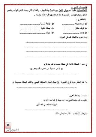 28
‫ـا‬‫ا‬‫خامســ‬:‫النحو‬:-
‫النحلة‬‫حشرة‬‫و‬ ، ‫مفيدة‬‫يعيش‬‫النحل‬‫بين‬‫ويمتص‬ ، ‫لها‬ ‫الناس‬ ‫يعدها‬ ‫التى‬ ‫والخليا‬ ، ‫واألشجار‬ ‫الجبال‬
‫ش‬ ‫عسل‬ ‫لنا‬ ‫يخرج‬ ‫ثم‬ ، ‫األزهار‬ ‫رحيق‬ ‫النحل‬‫وشفاء‬ ‫غذاء‬ ‫فيه‬ ‫هيا‬.
‫أ‬/‫استخرج‬:
‫مفردا‬ ‫اسما‬...................‫اسمية‬ ‫جملة‬..............................
‫مكان‬ ‫ظرف‬..................‫فعلية‬ ‫جملة‬................................
‫جمعا‬.........................‫حرفا‬........................................
‫ب‬/‫العبارة‬ ‫فى‬ ‫خط‬ ‫تحته‬ ‫ما‬ ‫اعرب‬
...............................................................................................
................................................................................................
...............................................................................................
................................................................................................
‫ج‬/‫اسمية‬ ‫جملة‬ ‫إلى‬ ‫اآلتية‬ ‫الجملة‬ ‫حول‬‫يلزم‬ ‫ما‬ ‫وغير‬
((‫ا‬‫ا‬‫صباحـ‬ ‫المدرسة‬ ‫إلى‬ ‫التلميذ‬ ‫يذهب‬))
................................................................................................
‫د‬/‫ال‬ ‫هذا‬‫الشجرة‬ ‫فوق‬ ‫يغرد‬ ‫طائر‬(( .‫لل‬ ‫السابقة‬ ‫العبارة‬ ‫اجعل‬‫جمع‬‫صحيحة‬ ‫الجملة‬ ‫واكتب‬ ،))
.............................................................................................
‫ـا‬‫ا‬‫سادسـ‬:‫العربى‬ ‫الخط‬
‫أخرى‬ ‫مرة‬ ‫الرقعة‬ ‫وبخط‬ ، ‫مرة‬ ‫النسخ‬ ‫بخط‬ ‫يلى‬ ‫ما‬ ‫اكتب‬:
‫الخالقين‬ ‫أحسن‬ ‫هللا‬ ‫تبارك‬
...................................................................
‫ا‬‫ا‬‫سابعـ‬:‫اإلملء‬:-‫عليك‬ ‫يملى‬ ‫ما‬ ‫اكتب‬
 