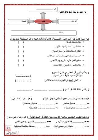 34
‫د‬/‫اآلتية‬ ‫المفردات‬ ‫خريطة‬ ‫أكمل‬:
‫هـ‬/‫علمة‬ ‫ضع‬(√)‫وعلمة‬ ‫الصحيحة‬ ‫العبارة‬ ‫أمام‬(×)‫فيم‬ ‫الصحيحة‬ ‫غير‬ ‫العبارة‬ ‫أمام‬‫يأتي‬ ‫ا‬:‫ـ‬
‫كسولة‬ ‫تلميذة‬ ‫هناء‬.) (
‫كثيرة‬ ‫وأمنيات‬ ‫أحالم‬ ‫لديها‬ ‫هناء‬.) (
‫الحيوان‬ ‫عالم‬ ‫عن‬ ً‫ا‬‫كتاب‬ ‫هناء‬ ‫اختارت‬.) (
‫القمر‬ ‫من‬ ‫واحد‬ ‫جانب‬ ‫على‬ ‫تشرق‬ ‫الشمس‬.) (
‫واألشجار‬ ‫بالزروع‬ ‫مليء‬ ‫القمر‬ ‫سطح‬.) (
‫هنا‬‫فضاء‬ ‫رائدة‬ ‫تصبح‬ ‫أن‬ ‫تتمنى‬ ‫ء‬.) (
‫و‬/‫السياق‬ ‫خلل‬ ‫من‬ ‫المعنى‬ ‫فى‬ ‫الفرق‬ ‫اذكر‬:
‫مجتهد‬ ‫لكل‬‫أمنية‬‫لتحقيقها‬ ‫يسعى‬) .................... (
‫تتمنى‬‫أمنية‬‫تكبر‬ ‫عندما‬ ‫مهندسة‬ ‫تكون‬ ‫أن‬) .................... (
‫ز‬/‫الكلمة‬ ‫عائلة‬ ‫أكمل‬{‫ش‬‫ع‬‫ـ‬‫ر‬}....................،....................،......................
‫ح‬/‫اآلتية‬ ‫الجمل‬ ‫فى‬ ‫النقط‬ ‫مكان‬ ‫المناسب‬ ‫الضمير‬ ‫ضع‬:(‫هم‬–‫هو‬–‫هما‬–‫هى‬)
.................‫مخلص‬ ‫صديق‬..........................‫صديقا‬‫ن‬‫مخلصان‬
................‫نشيطون‬ ‫عمال‬..........................‫مهذبة‬ ‫فتاة‬
‫ط‬/‫اآلتية‬ ‫الجمل‬ ‫فى‬ ‫النقط‬ ‫مكان‬ ‫القوسين‬ ‫بين‬ ‫مما‬ ‫المناسب‬ ‫الضمير‬ ‫ضع‬:(‫هم‬–‫هما‬–‫هى‬–‫هو‬)
..................‫األر‬ ‫يزرع‬ ‫فالح‬‫ض‬.................‫القطن‬ ‫يجمعون‬ ‫فالحون‬
................‫الغزل‬ ‫مصنع‬ ‫فى‬ ‫عامالن‬................‫لصديقتها‬ ‫مخلصة‬ ‫صديقة‬
‫النوع‬................................:
‫المرادف‬....:..................
...
‫المضاد‬.......................:
‫الجملة‬..................................................................... :
‫ضئيل‬
 