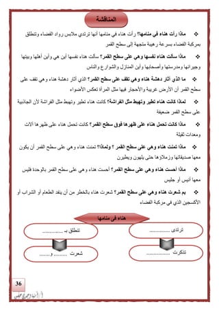 36
‫منامها؟‬ ‫في‬ ‫هناء‬ ‫رأت‬ ‫ماذا‬‫وتنطلق‬ ‫الفضاء‬ ‫رواد‬ ‫مالبس‬ ‫ترتدي‬ ‫أنها‬ ‫منامها‬ ‫في‬ ‫هناء‬ ‫رأت‬
‫رهيبة‬ ‫بسرعة‬ ‫الفضاء‬ ‫بمركبة‬‫القمر‬ ‫سطح‬ ‫إلى‬ ‫متجهة‬
‫القمر؟‬ ‫سطح‬ ‫على‬ ‫وهي‬ ‫نفسها‬ ‫هناء‬ ‫سألت‬ ‫ماذا‬‫وبيتها‬ ‫أهلها‬ ‫وأين‬ ‫هي‬ ‫أين‬ ‫نفسها‬ ‫هناء‬ ‫سألت‬
‫والناس‬ ‫والشوارع‬ ‫المنازل‬ ‫وأين‬ ‫وأصحابها‬ ‫ومدرستها‬ ‫وجيرانها‬
‫القمر؟‬ ‫سطح‬ ‫على‬ ‫تقف‬ ‫وهي‬ ‫هناء‬ ‫دهشة‬ ‫أثار‬ ‫الذي‬ ‫ما‬‫على‬ ‫تقف‬ ‫وهي‬ ‫هناء‬ ‫دهشة‬ ‫أثار‬ ‫الذي‬
‫غ‬ ‫األرض‬ ‫أن‬ ‫القمر‬ ‫سطح‬‫األضواء‬ ‫تعكس‬ ‫المرآة‬ ‫مثل‬ ‫فيها‬ ‫واألحجار‬ ‫ريبة‬
‫وتهبط‬ ‫تطير‬ ‫هناء‬ ‫كانت‬ ‫لماذا‬‫الفراشة؟‬ ‫مثل‬‫الجالبية‬ ‫ألن‬ ‫الفراشة‬ ‫مثل‬ ‫وتهبط‬ ‫تطير‬ ‫هناء‬ ‫كانت‬
‫ضعيفة‬ ‫القمر‬ ‫سطح‬ ‫على‬
‫القمر؟‬ ‫سطح‬ ‫فوق‬ ‫ظهرها‬ ‫على‬ ‫هناء‬ ‫تحمل‬ ‫كانت‬ ‫ماذا‬‫آالت‬ ‫ظهرها‬ ‫على‬ ‫هناء‬ ‫تحمل‬ ‫كانت‬
‫ثقيلة‬ ‫ومعدات‬
‫وهي‬ ‫هناء‬ ‫تمنت‬ ‫ماذا‬‫ولماذا؟‬ ‫؟‬ ‫القمر‬ ‫سطح‬ ‫على‬‫يكون‬ ‫أن‬ ‫القمر‬ ‫سطح‬ ‫على‬ ‫وهي‬ ‫هناء‬ ‫تمنت‬
‫وزمال‬ ‫صديقاتها‬ ‫معها‬‫ؤ‬‫ها‬‫ويطيرن‬ ‫يلهون‬ ‫حتى‬
‫القمر؟‬ ‫سطح‬ ‫على‬ ‫وهي‬ ‫هناء‬ ‫أحست‬ ‫ماذا‬‫فليس‬ ‫بالوحدة‬ ‫القمر‬ ‫سطح‬ ‫على‬ ‫وهي‬ ‫هناء‬ ‫أحست‬
‫جليس‬ ‫أو‬ ‫أنيس‬ ‫معها‬
‫القمر؟‬ ‫سطح‬ ‫على‬ ‫وهي‬ ‫هناء‬ ‫شعرت‬ ‫بم‬‫ال‬ ‫ينفد‬ ‫أن‬ ‫من‬ ‫بالخطر‬ ‫هناء‬ ‫شعرت‬‫أو‬ ‫الشراب‬ ‫أو‬ ‫طعام‬
‫الفضاء‬ ‫مركبة‬ ‫في‬ ‫الذي‬ ‫األكسجين‬
‫المناقشة‬
‫منامها‬ ‫فى‬ ‫هناء‬
‫ترتدى‬..............
‫تذكرت‬................‫شعرت‬.........‫و‬.......
‫بـ‬ ‫تنطلق‬..............
 