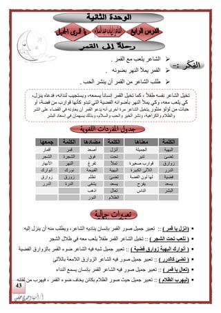 43
‫ال‬‫القمر‬ ‫مع‬ ‫يلعب‬ ‫شاعر‬.
‫بضوئه‬ ‫النهر‬ ‫يمأل‬ ‫القمر‬.
‫الحب‬ ‫ينشر‬ ‫أن‬ ‫القمر‬ ‫من‬ ‫الشاعر‬ ‫طلب‬.
‫الكلمة‬‫معناها‬‫الكلمة‬‫مضادها‬‫الكلمة‬‫جمعها‬
‫البهية‬‫الجميلة‬‫أنزل‬‫أصعد‬‫قمر‬‫أقمار‬
‫تضئ‬‫تنير‬‫تحت‬‫فوق‬‫الشجرة‬‫الشجر‬
‫زوارق‬‫صغيرة‬ ‫قوارب‬‫تمأل‬‫تفرغ‬‫النهر‬‫األنهار‬
‫الدرر‬‫الآلل‬‫الكبيرة‬ ‫ئ‬‫البهية‬‫القبيحة‬‫نورك‬‫أنوارك‬
‫فضية‬‫الفضة‬ ‫لون‬ ‫لها‬‫تضئ‬‫تظلم‬‫زورق‬‫زوارق‬
‫يسعد‬‫يفرح‬‫يسعد‬‫يشقى‬‫الدرة‬‫الدرر‬
‫البشر‬‫الناس‬‫تعال‬‫الهب‬
‫الظالم‬‫النور‬
(‫قمر‬ ‫يا‬ ‫انزل‬)::‫إليه‬ ‫ينزل‬ ‫أن‬ ‫منه‬ ‫ويطلب‬ ،‫الشاعر‬ ‫يناديه‬ ‫بإنسان‬ ‫القمر‬ ‫صور‬ ‫جميل‬ ‫تعبير‬
(‫ت‬ ‫نلعب‬‫الشجر‬ ‫حت‬)::‫الشجر‬ ‫ظالل‬ ‫في‬ ‫معه‬ ‫يلعب‬ ً‫ال‬‫طف‬ ‫القمر‬ ‫الشاعر‬ ‫تخيل‬
(‫فضية‬ ‫زوارق‬ ‫البهية‬ ‫أنوارك‬)::‫الفضية‬ ‫بالزوارق‬ ‫القمر‬ ‫ضوء‬ ‫الشاعر‬ ‫فيه‬ ‫شبه‬ ‫جميل‬ ‫تعبير‬
(‫كالدرر‬ ‫تضئ‬)::‫بالآللئ‬ ‫الالمعة‬ ‫الزوارق‬ ‫الشاعر‬ ‫فيه‬ ‫صور‬ ‫جميل‬ ‫تعبير‬
(‫قمر‬ ‫يا‬ ‫تعال‬)::‫الشاعر‬ ‫فيه‬ ‫صور‬ ‫جميل‬ ‫تعبير‬‫النداء‬ ‫يسمع‬ ‫بإنسان‬ ‫القمر‬
(‫الظلم‬ ‫ليهرب‬)::‫لقائه‬ ‫من‬ ‫فيهرب‬ ، ‫القمر‬ ‫ضوء‬ ‫يخاف‬ ‫بكائن‬ ‫الظالم‬ ‫صور‬ ‫حي‬ ‫جميل‬ ‫تعبير‬
،‫ينزل‬ ‫فدعاه‬ ،‫لندائه‬ ‫ويستجيب‬ ،‫يسمعه‬ ً‫ا‬‫إنسان‬ ‫القمر‬ ‫تخيل‬ ‫كما‬ ، ً‫ال‬‫طف‬ ‫نفسه‬ ‫الشاعر‬ ‫تخيل‬
‫أو‬ ،‫فضة‬ ‫من‬ ‫قوارب‬ ‫كأنها‬ ‫تبدو‬ ‫التي‬ ‫الفضية‬ ‫بأضوائه‬ ‫النهر‬ ‫يمأل‬ ‫وكي‬ ،‫معه‬ ‫يلعب‬ ‫كي‬
‫منثور‬ ‫لؤلؤ‬ ‫من‬ ‫حبات‬.‫الشاعر‬ ‫يتخيل‬‫الشر‬ ‫على‬ ‫القضاء‬ ‫في‬ ‫يعاونه‬ ‫أن‬ ‫القمر‬ ‫يدعو‬ ‫أنه‬ ‫أخرى‬ ‫مرة‬
‫البشر‬ ‫إسعاد‬ ‫في‬ ‫يسهمان‬ ‫وبذلك‬ ،‫والسالم‬ ‫والحب‬ ‫الخير‬ ‫ونشر‬ ،‫والكراهية‬ ‫والظالم‬
 