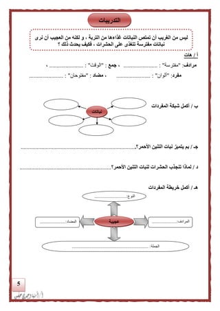 5
‫أ‬/‫هات‬
‫مرادف‬" :‫مفترسة‬"....................... :،‫جمع‬" :‫الوقت‬".................... :...،
‫مفرد‬" :‫ألوان‬"....................... :،‫مضاد‬" :‫مفتوحان‬"....................... :
‫ب‬/‫المفردات‬ ‫شبكة‬ ‫أكمل‬
‫جـ‬/‫األحمر؟‬ ‫التنين‬ ‫نبات‬ ‫يتميز‬ ‫بم‬..............................................................................
‫د‬/‫الح‬ ‫تنجذب‬ ‫لماذا‬‫األحمر‬ ‫التنين‬ ‫لنبات‬ ‫شرات‬‫؟‬..............................................................
‫هـ‬/‫المفردات‬ ‫خريطة‬ ‫أكمل‬
‫النوع‬.............................:
...
‫المرادف‬......................:
...
‫المضاد‬.......................:
‫الجملة‬.................................................................... :.
‫عجيبة‬
‫نباتات‬
‫التدريبات‬
‫نرى‬ ‫أن‬ ‫العجيب‬ ‫من‬ ‫لكنه‬ ‫و‬ ، ‫التربة‬ ‫من‬ ‫غذاءها‬ ‫النباتات‬ ‫تمتص‬ ‫أن‬ ‫الغريب‬ ‫من‬ ‫ليس‬
‫؟‬ ‫ذلك‬ ‫يحدث‬ ‫فكيف‬ ، ‫الحشرات‬ ‫على‬ ‫تتغذى‬ ‫مفترسة‬ ‫نباتات‬
 