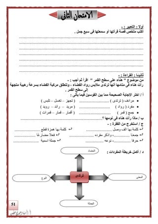 51
‫أوال‬:‫التعبير‬:-
‫اكتب‬‫جمل‬ ‫سبع‬ ‫فى‬ ‫سمعتها‬ ‫أو‬ ‫قرأتها‬ ‫قصة‬ ‫ملخص‬.
.....................................................................................................................
.....................................................................................................................
.....................................................................................................................
.....................................................................................................................
.....................................................................................................................
.....................................................................................................................
.....................................................................................................................
‫ـا‬‫ا‬‫ثانيـ‬:‫القراءة‬:-
‫موضوع‬ ‫من‬"‫القمر‬ ‫سطح‬ ‫على‬ ‫هناء‬"‫أجب‬ ‫ثم‬ ‫اقرأ‬:-
‫م‬ ‫وتنطلق‬ ، ‫الفضاء‬ ‫رواد‬ ‫ملبس‬ ‫ترتدى‬ ‫أنها‬ ‫منامها‬ ‫فى‬ ‫هناء‬ ‫رأت‬‫متجهة‬ ‫رهيبة‬ ‫بسرعة‬ ‫الفضاء‬ ‫ركبة‬
‫القمر‬ ‫سطح‬ ‫إلى‬.
‫أ‬/‫يأتى‬ ‫فيما‬ ‫القوسين‬ ‫بين‬ ‫مما‬ ‫الصحيحة‬ ‫اإلجابة‬ ‫اختر‬:
‫م‬‫رادف‬(‫ترتدى‬.................... )........(‫تجهز‬–‫تغسل‬–‫تلبس‬)
‫مفرد‬(‫رواد‬).............................(‫مريد‬–‫رائد‬–‫رويد‬)
‫جمع‬(‫قمر‬)..............................(‫أقمار‬–‫قمار‬–‫قمرات‬)
‫ب‬/‫نومها‬ ‫فى‬ ‫هناء‬ ‫رأت‬ ‫ماذا‬‫؟‬.............................................................................
‫ج‬/‫الفقرة‬ ‫من‬ ‫استخرج‬:-
‫بها‬ ‫كلمة‬‫وصل‬ ‫الف‬........................‫بها‬ ‫كلمة‬‫قطع‬ ‫همزة‬........................
‫ا‬ً‫ـ‬‫جمع‬...............‫مفرده‬ ‫والكر‬ ،.......................‫ًا‬‫ع‬‫مضار‬ ‫فعال‬....................
‫حرفا‬................‫نوعه‬ ،.................‫اسمية‬ ‫جملة‬........................
‫د‬/‫المفردات‬ ‫خريطة‬ ‫أكمل‬:
‫النوع‬
‫ترتدى‬ ‫المعنى‬
‫الجملة‬
‫المضاد‬
 