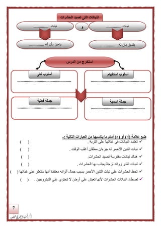7
‫علمة‬ ‫ضع‬(√)‫أو‬(×)‫يناسبه‬ ‫ما‬ ‫أمام‬‫ا‬‫التالية‬ ‫العبارات‬ ‫من‬:-
‫التربة‬ ‫على‬ ‫غذائها‬ ‫في‬ ‫النباتات‬ ‫تعتمد‬.) (
‫جزءان‬ ‫له‬ ‫األحمر‬ ‫التنين‬ ‫نبات‬‫مغ‬‫الوقت‬ ‫أغلب‬ ‫لقان‬.) (
‫ال‬ ‫تصيد‬ ‫مفترسة‬ ‫نباتات‬ ‫هناك‬‫حشرات‬.) (
‫لزجة‬ ‫زوائد‬ ‫القدر‬ ‫لنبات‬‫الحشرات‬ ‫بها‬ ‫يجذب‬.) (
‫غذائها‬ ‫على‬ ‫ستعثر‬ ‫أنها‬ ‫معتقدة‬ ‫ألوانه‬ ‫جمال‬ ‫بسبب‬ ‫األحمر‬ ‫التنين‬ ‫نبات‬ ‫على‬ ‫الحشرات‬ ‫تحط‬) (
‫النيتروجين‬ ‫على‬ ‫تحتوي‬ ‫ال‬ ‫أرض‬ ‫على‬ ‫تعيش‬ ‫ألنها‬ ‫الحشرات‬ ‫النباتات‬ ‫تصطاد‬.()
‫الحشرات‬ ‫تصيد‬ ‫التى‬ ‫النباتات‬
‫نبات‬..............
‫له‬ ‫بأن‬ ‫يتميز‬................‫له‬ ‫بأن‬ ‫يتميز‬..............
‫نبات‬.............. ‫و‬
‫من‬ ‫استخرج‬‫الدرس‬
..................................................
‫استفهام‬ ‫أسلوب‬
..................................................
‫أسلوب‬‫نفى‬
..................................................
‫اسمية‬ ‫جملة‬
..................................................
‫فعلية‬ ‫جملة‬
 