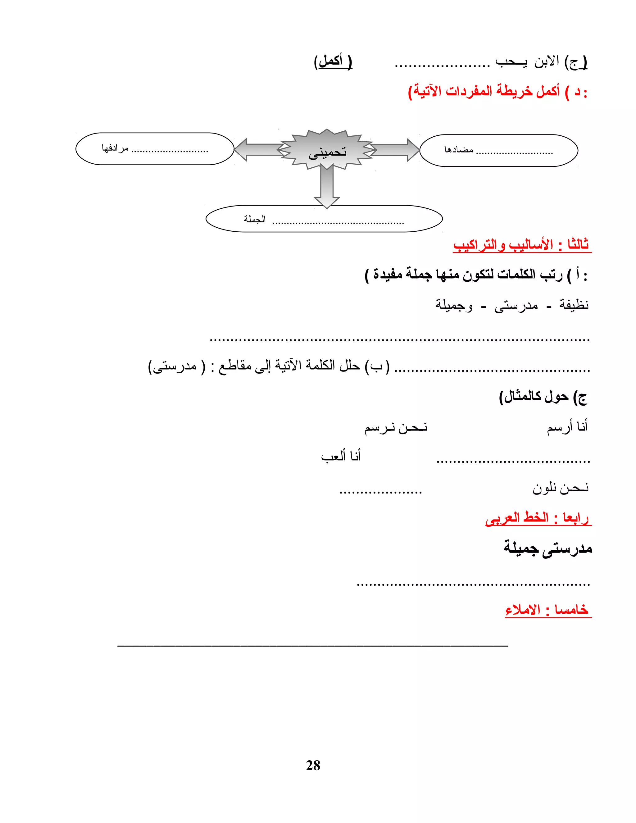 ( ‫البن‬ (‫ج‬‫يــحب‬.....................‫أكمل‬ ) )
( ‫د‬‫أكمل‬ (‫خريطة‬‫المفردات‬‫اليتية‬ :
‫ثالثا‬‫الساليب‬ :‫والتراكيب‬
( ‫أ‬‫ريتب‬ (‫الكلمات‬‫لتكون‬‫منها‬‫جملة‬‫مفيدة‬ :
‫نظيفة‬‫مدرستى‬ -‫وجميلة‬ -
...........................................................................................
( ‫حلل‬ (‫ب‬‫الكلمة‬‫التية‬‫إلى‬‫مقاطع‬‫مدرستى‬ ) : ) ...............................................
( ‫حول‬ (‫ج‬‫كالمثال‬
‫أنا‬‫أرسم‬‫نـحـن‬‫نـرسم‬
‫أنا‬‫ألعب‬ .....................................
.................... ‫نـحـن‬‫نلون‬
‫رابعا‬‫الخط‬ :‫العربى‬
‫مدرستى‬‫جميلة‬
........................................................
‫خامسا‬‫الملء‬ :
______________________________________________________
28
‫مضادها‬ ...........................‫مرادفها‬ ...........................
‫الجملة‬ ..............................................
‫تحمينى‬
 