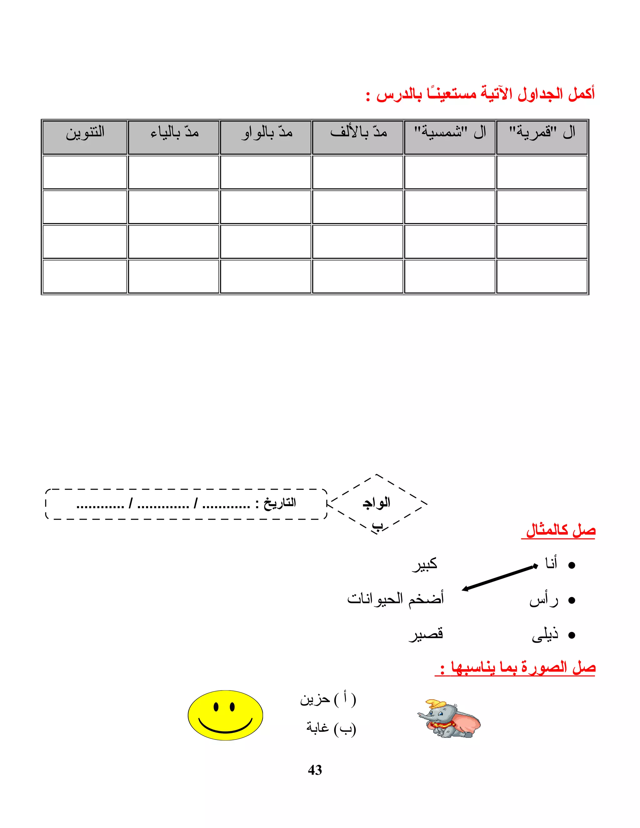 ‫أكمل‬‫الجداول‬‫التية‬‫ـا‬ً‫ا‬‫ن‬‫مستعي‬‫بالدرس‬:
‫ال‬‫قمرية‬‫ال‬‫شمسية‬‫د‬ّ ‫م‬‫باللف‬‫د‬ّ ‫م‬‫بالواو‬‫د‬ّ ‫م‬‫بالياء‬‫التنوين‬
‫صل‬‫كالمثال‬
•‫أنا‬‫كبير‬
•‫رأس‬‫أضخم‬‫الحيوانات‬
•‫ذيلى‬‫قصير‬
‫صل‬‫الصورة‬‫بما‬‫ينادسبها‬:
‫أ‬ )‫حزين‬ (
‫غابة‬ (‫)ب‬
43
............ / ............. / ............ : ‫التاريخ‬ ‫الواج‬
‫ب‬
 