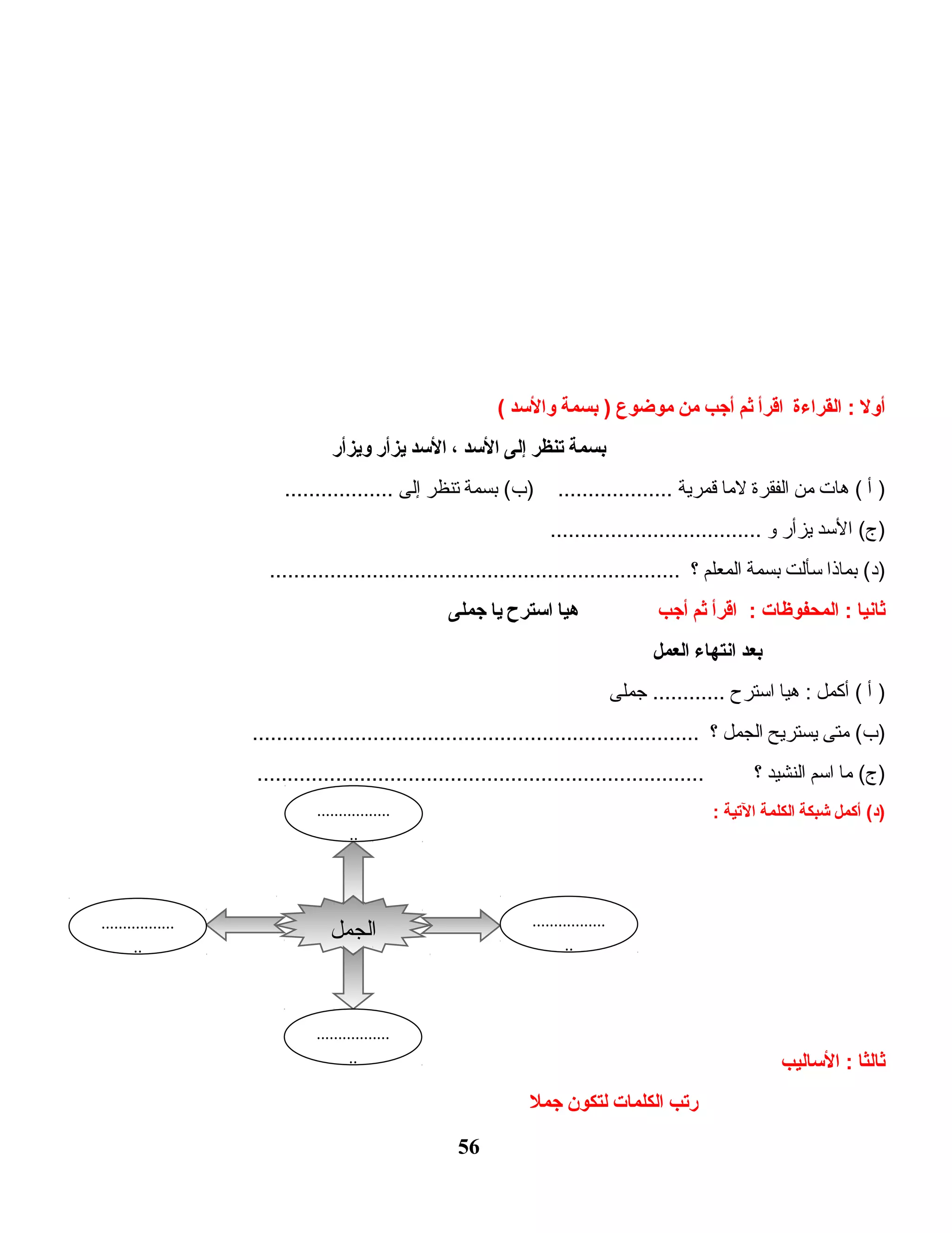 ‫أول‬‫القراءة‬ :‫اقرأ‬‫ثم‬‫أجب‬‫من‬‫موضوع‬‫بسمة‬ )‫والدسد‬(
‫بسمة‬‫تنظر‬‫إلى‬‫الدسد‬،‫الدسد‬‫يزأر‬‫ويزأر‬
‫أ‬ )‫هات‬ (‫من‬‫الفقرة‬‫لما‬‫قمرية‬‫بسمة‬ (‫)ب‬ ...................‫تنظر‬‫إلى‬..................
‫الدسد‬ (‫)ج‬‫يزأر‬‫و‬...................................
‫بماذا‬ (‫)د‬‫دسألت‬‫بسمة‬‫المعلم‬‫؟‬....................................................................
‫ثانيا‬‫المحفوظات‬ :‫اقرأ‬ :‫ثم‬‫أجب‬‫هيا‬‫ادسترح‬‫يا‬‫جملى‬
‫بعد‬‫انتهاء‬‫العمل‬
‫أ‬ )‫أكمل‬ (‫هيا‬ :‫ادسترح‬‫جملى‬ ............
‫متى‬ (‫)ب‬‫يستريح‬‫الجمل‬‫؟‬..........................................................................
‫ما‬ (‫)ج‬‫ادسم‬‫النشيد‬‫؟‬..........................................................................
‫أكمل‬ (‫)د‬‫شبكة‬‫الكلمة‬‫التية‬:
‫ثالثا‬‫الدساليب‬ :
‫رتب‬‫الكلمات‬‫لتكون‬‫جمل‬
56
‫الجمل‬ .................
..
.................
..
.................
..
.................
..
 